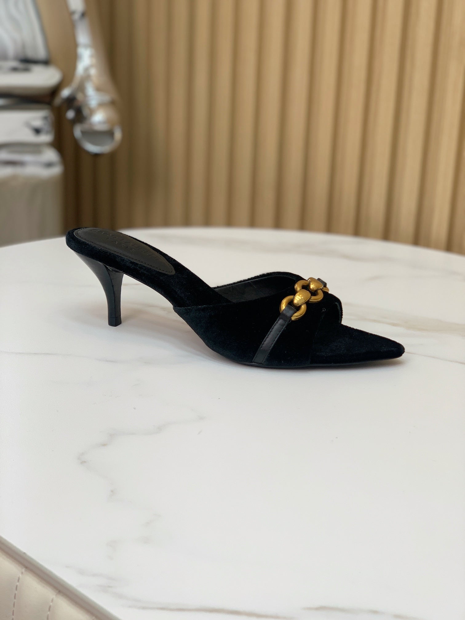 SL CHAIN ATTACH HEELED MULES BLACK VELVET