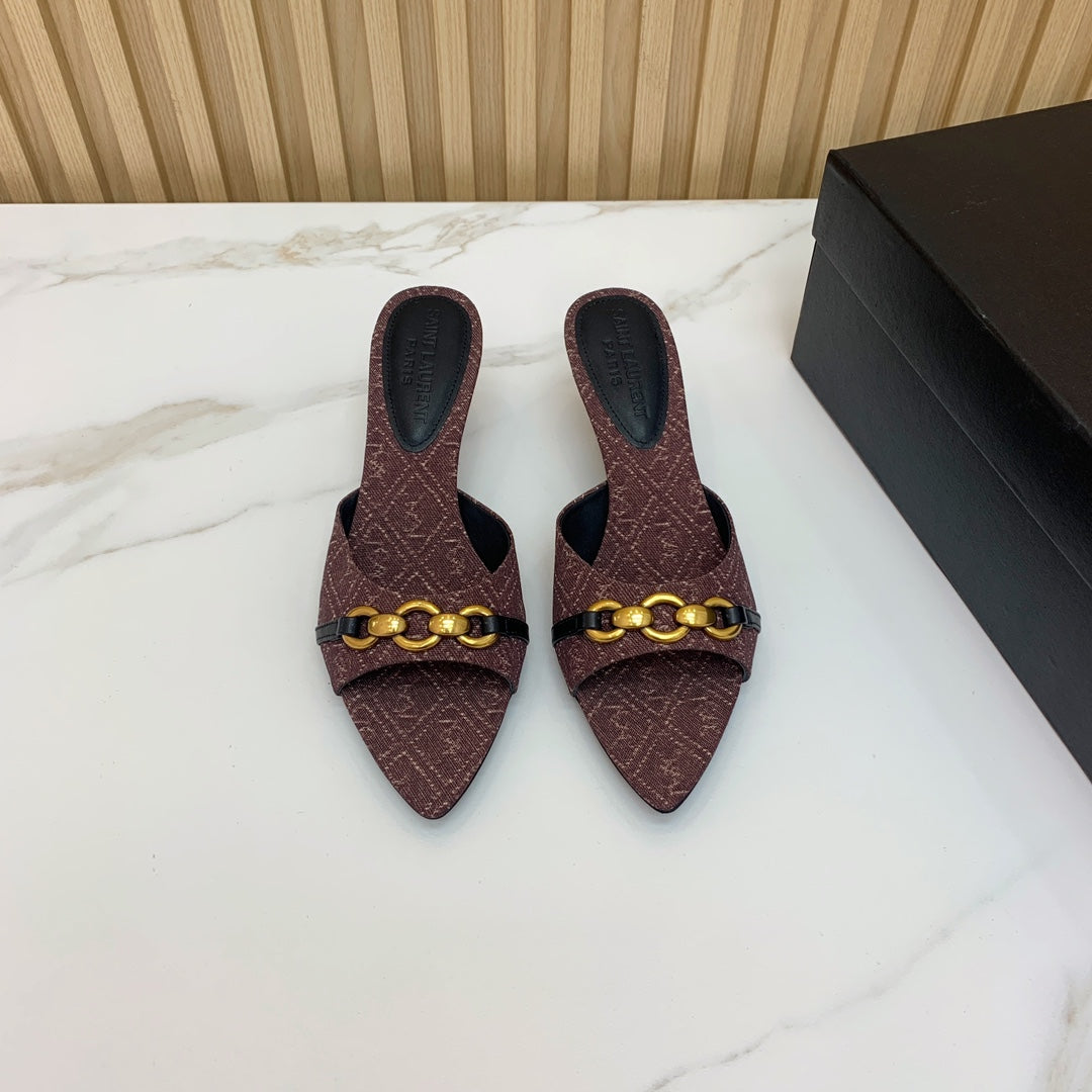 SL CHAIN ATTACH HEELED MULES BROWN DENIM