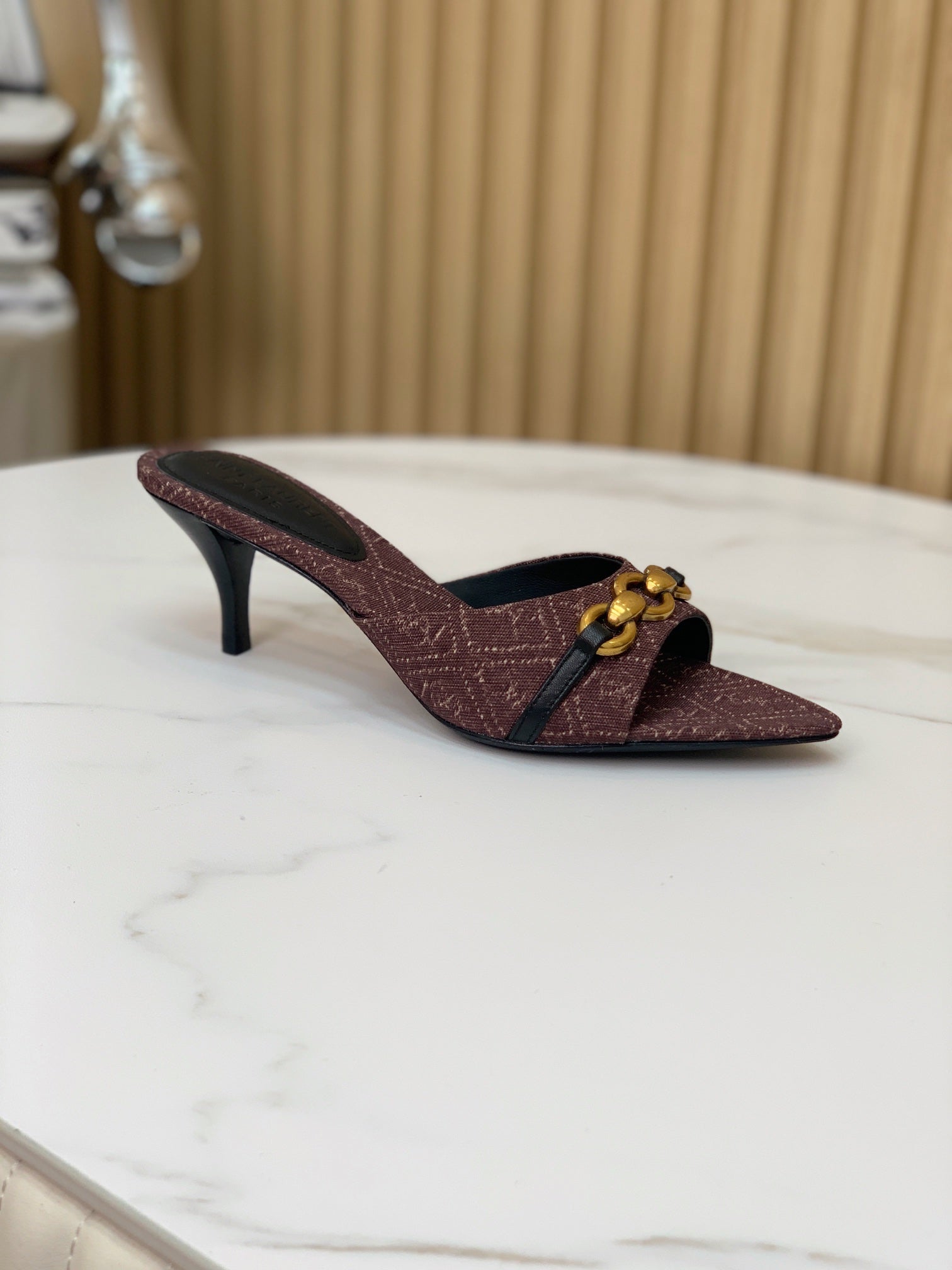 SL CHAIN ATTACH HEELED MULES BROWN DENIM