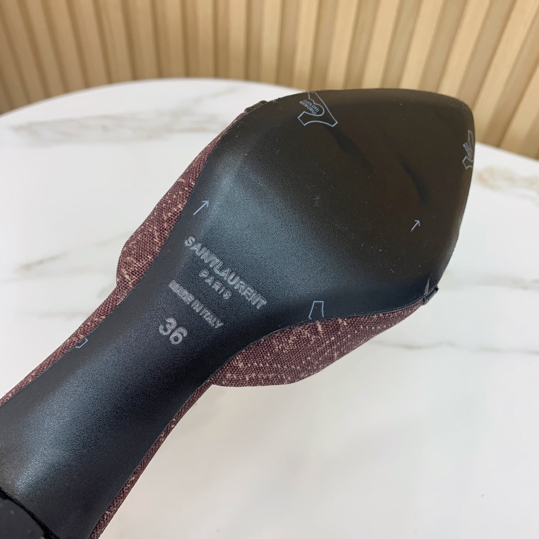 SL CHAIN ATTACH HEELED MULES BROWN DENIM