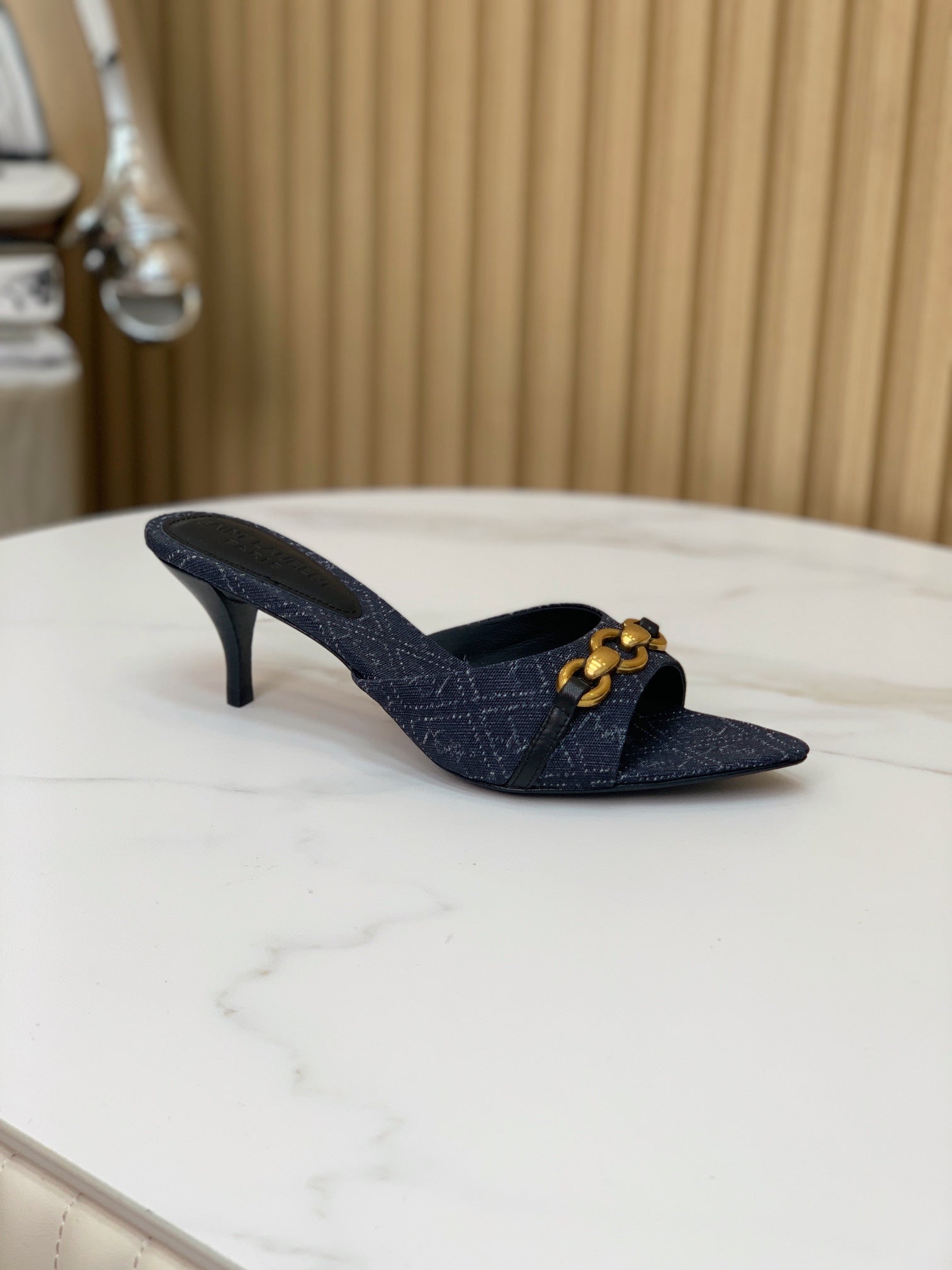 SL CHAIN ATTACH HEELED MULES INDIGO DENIM