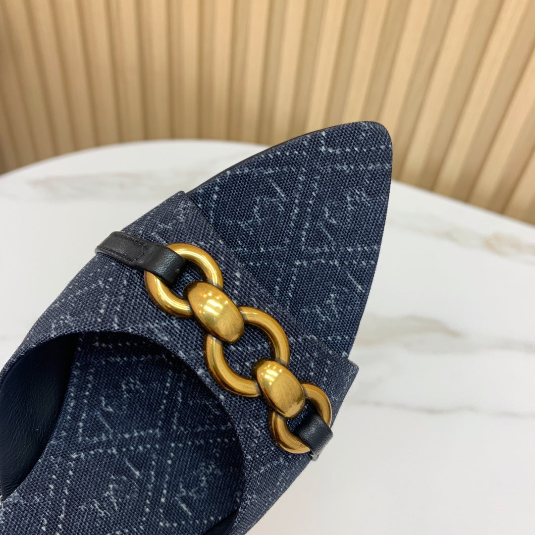 SL CHAIN ATTACH HEELED MULES INDIGO DENIM