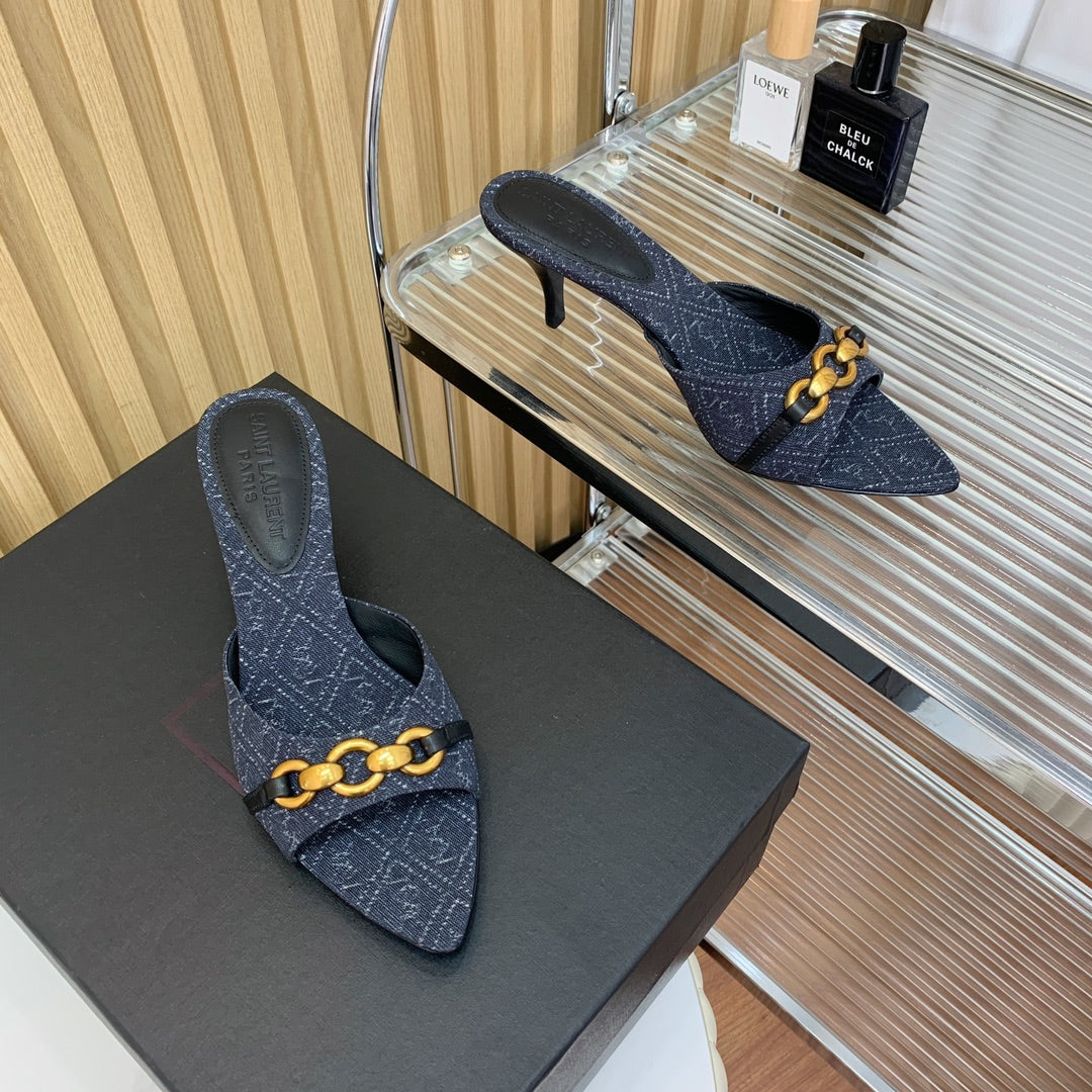 SL CHAIN ATTACH HEELED MULES INDIGO DENIM