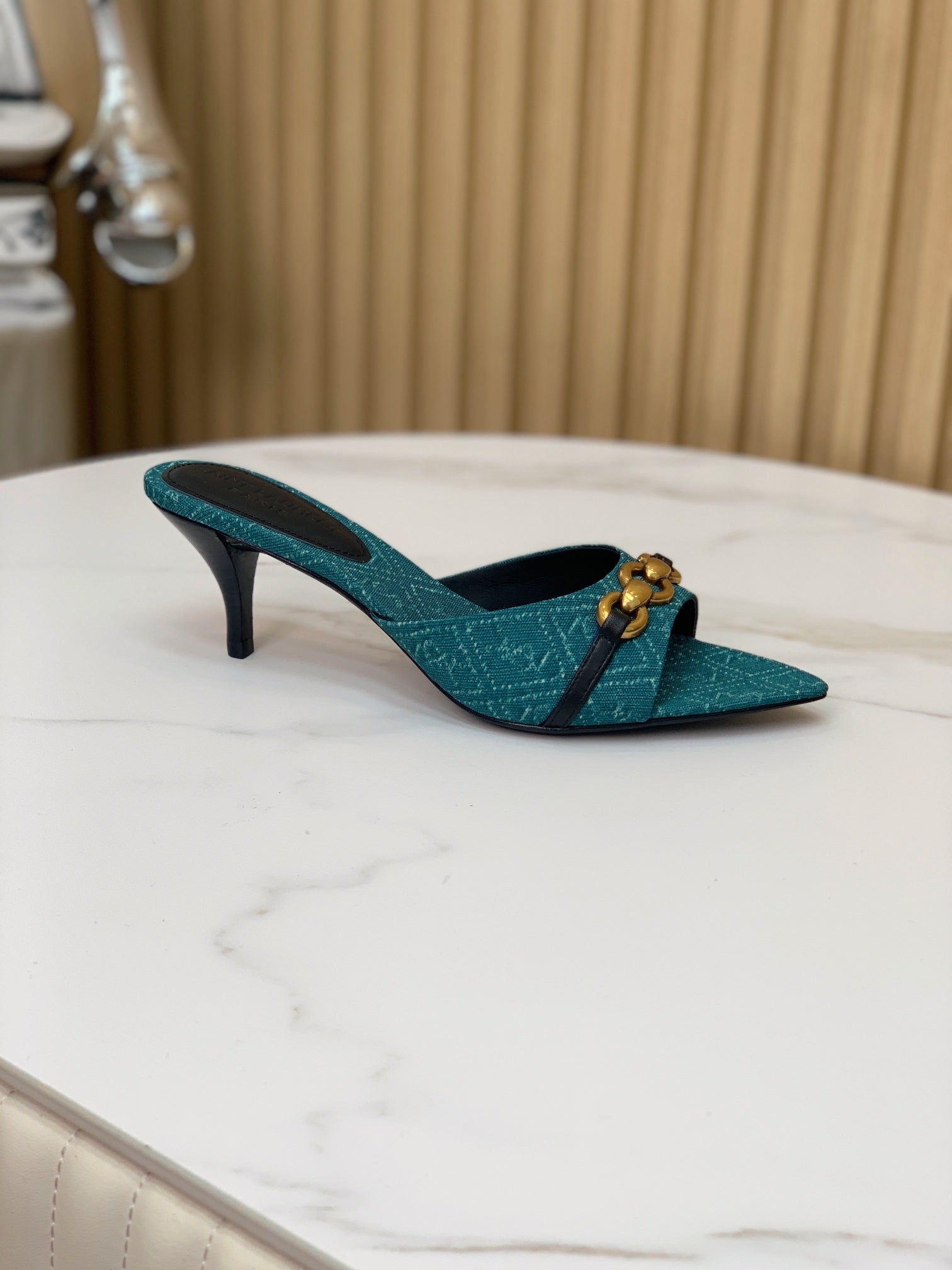 SL CHAIN ATTACH HEELED MULES SAPPHIRE DENIM