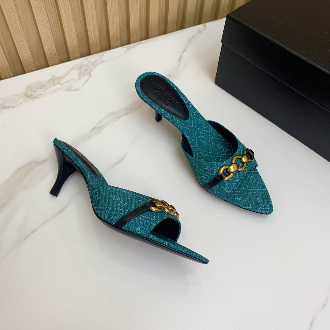 SL CHAIN ATTACH HEELED MULES SAPPHIRE DENIM