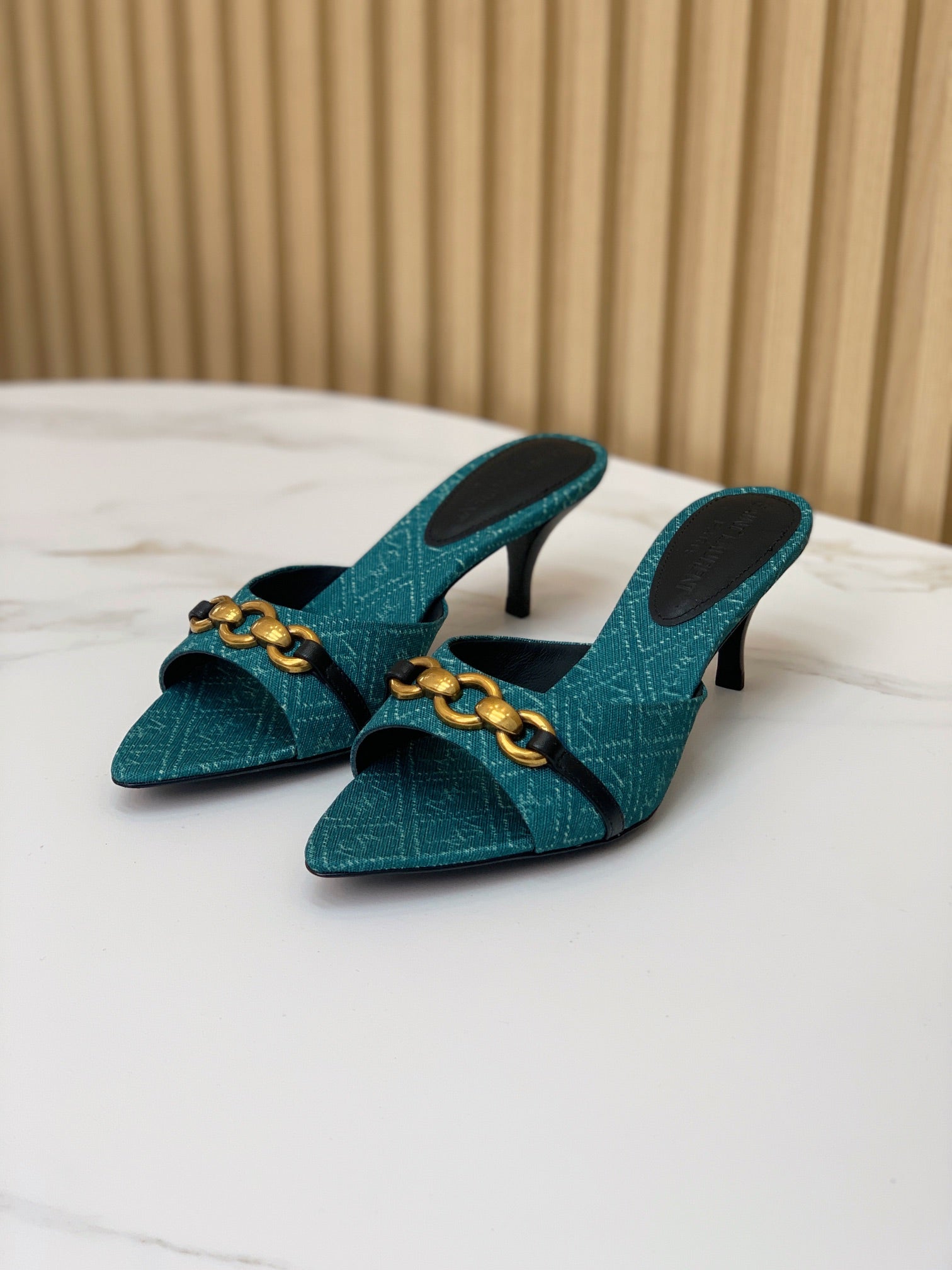 SL CHAIN ATTACH HEELED MULES SAPPHIRE DENIM