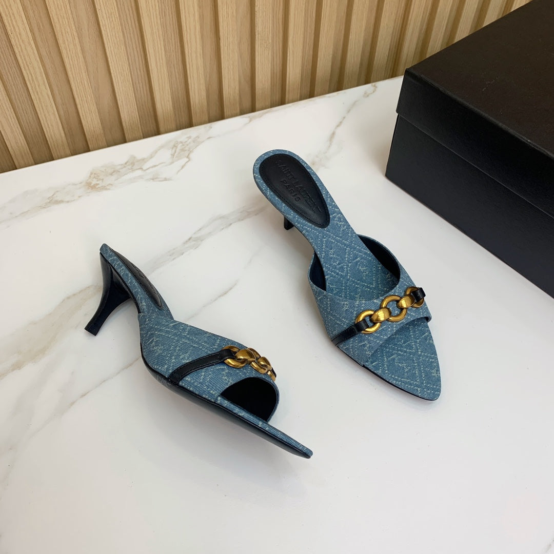 SL CHAIN ATTACH HEELED MULES CERULEAN DENIM