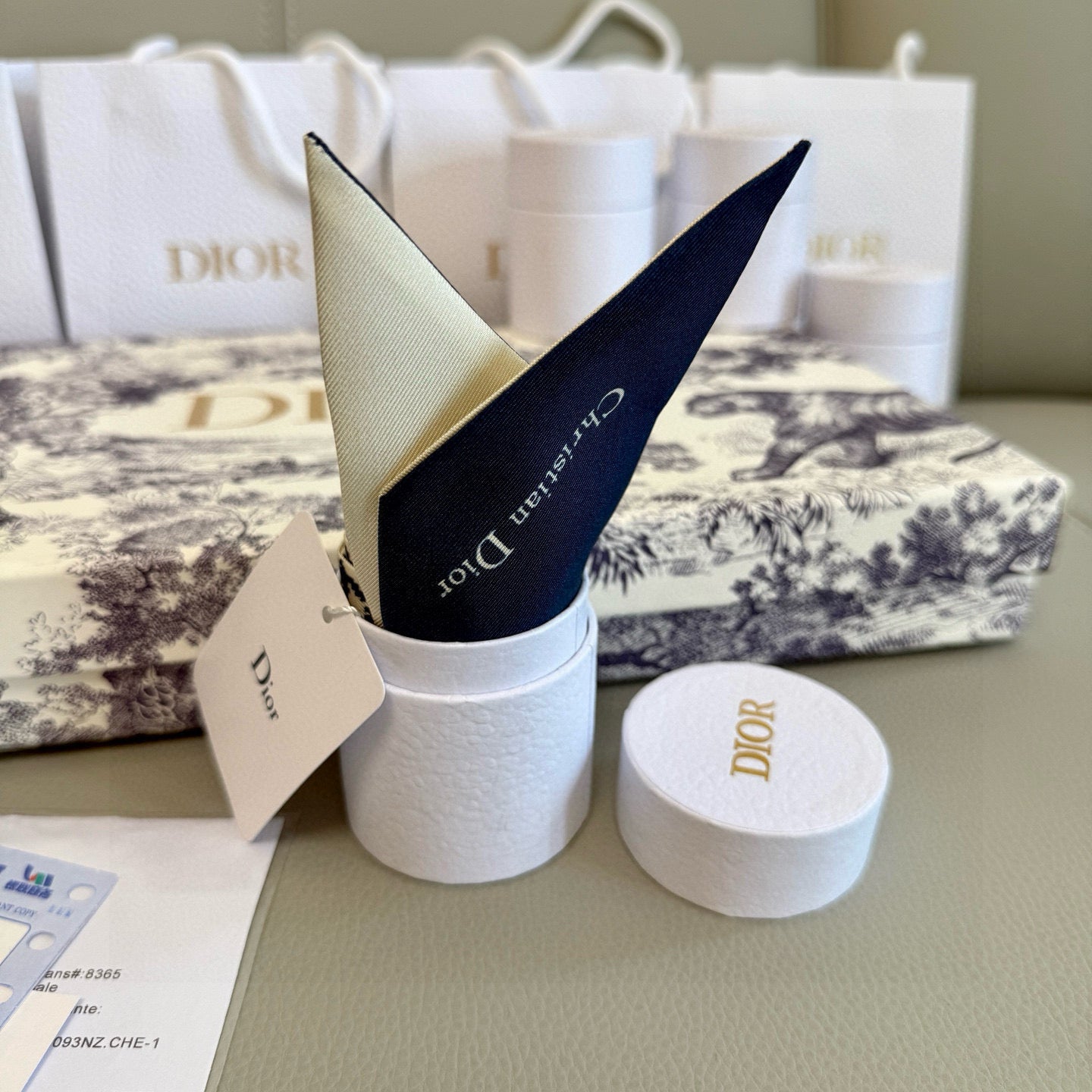 CD Twilly Mini Scarf 105cm Beige Navy Blue Mulberry Silk 909397