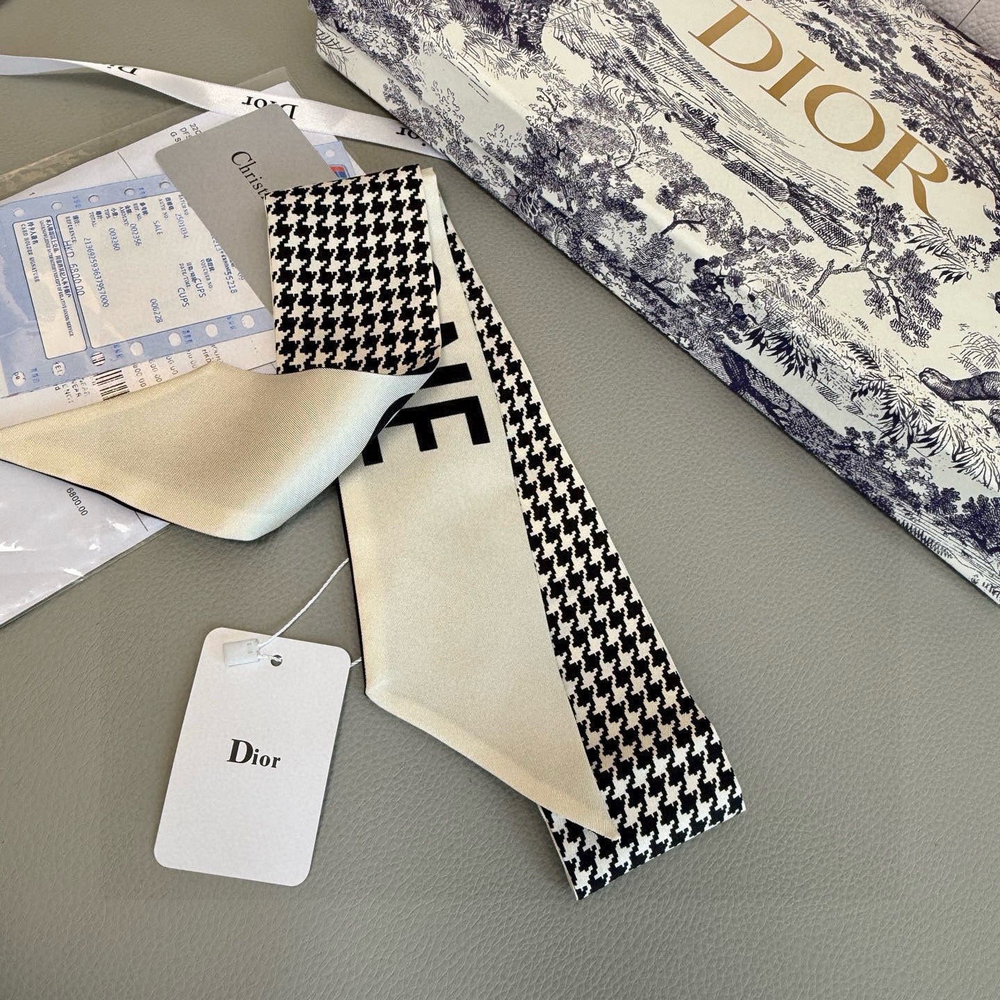 CD Twilly Mini Scarf 105cm Beige Black Mulberry Silk 909398