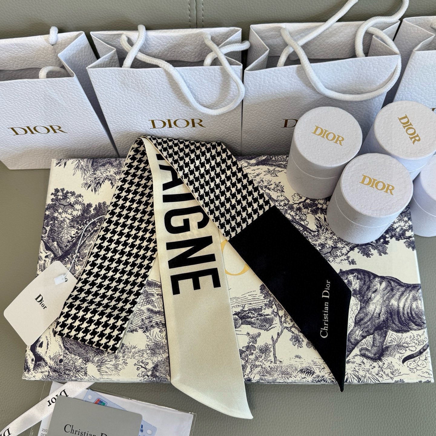 CD Twilly Mini Scarf 105cm Beige Black Mulberry Silk 909398