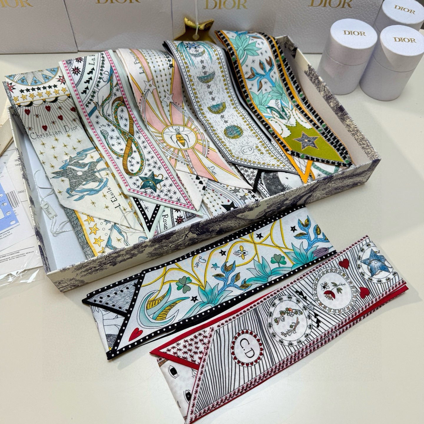 CD Twilly Mini Scarf 105cm Tarot Card White Yellow Mulberry Silk 928083