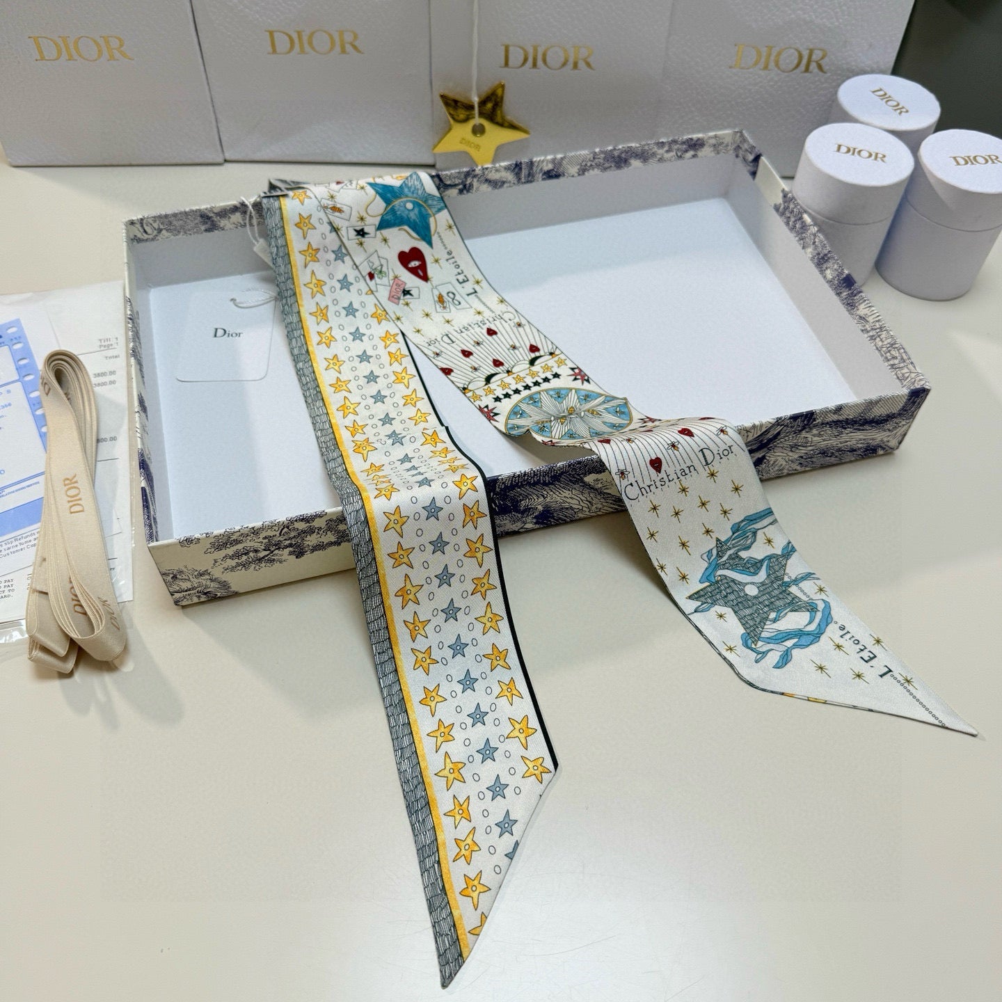 CD Twilly Mini Scarf 105cm Tarot Card White Yellow Mulberry Silk 928083