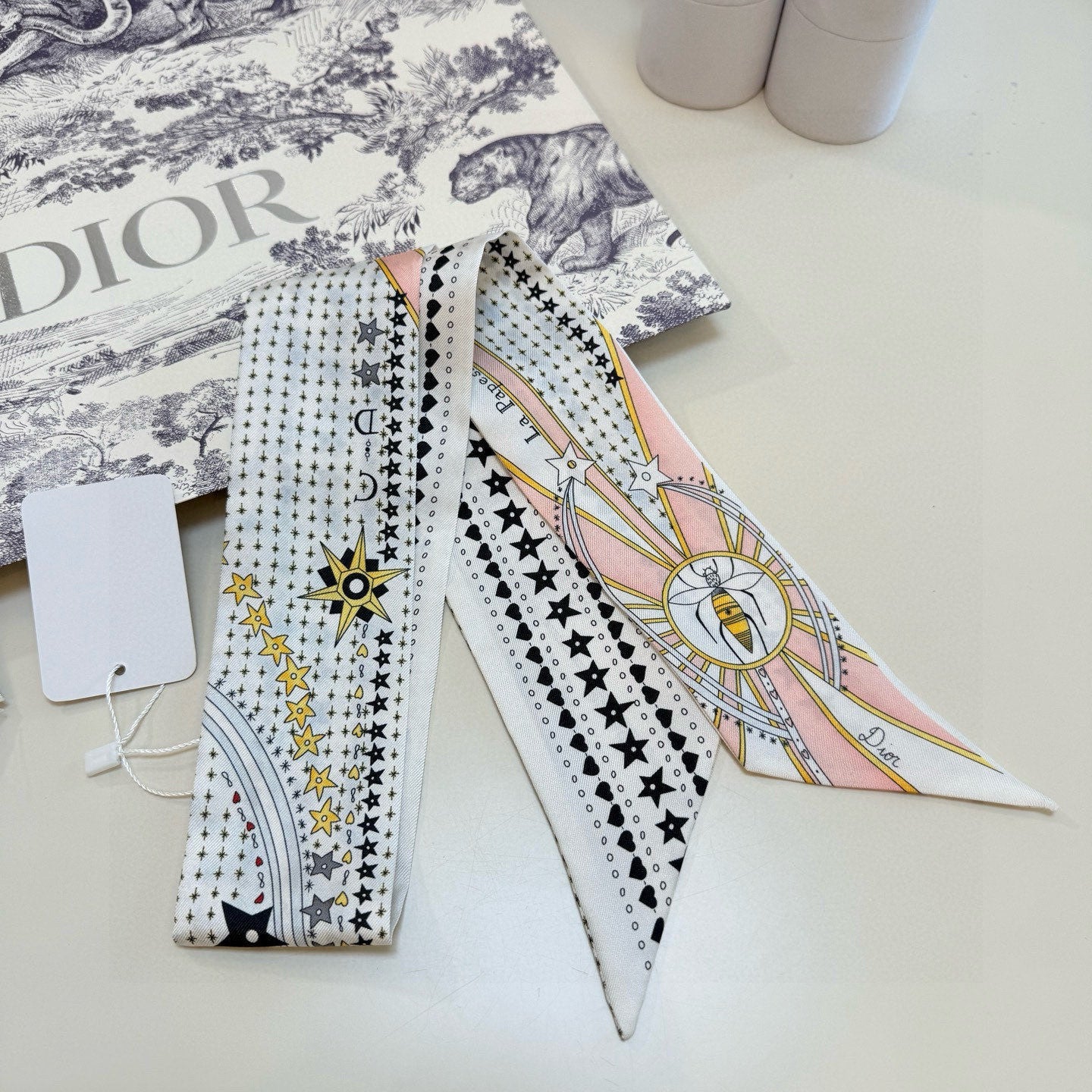 CD Twilly Mini Scarf 105cm Tarot Card White Pink Mulberry Silk 928084