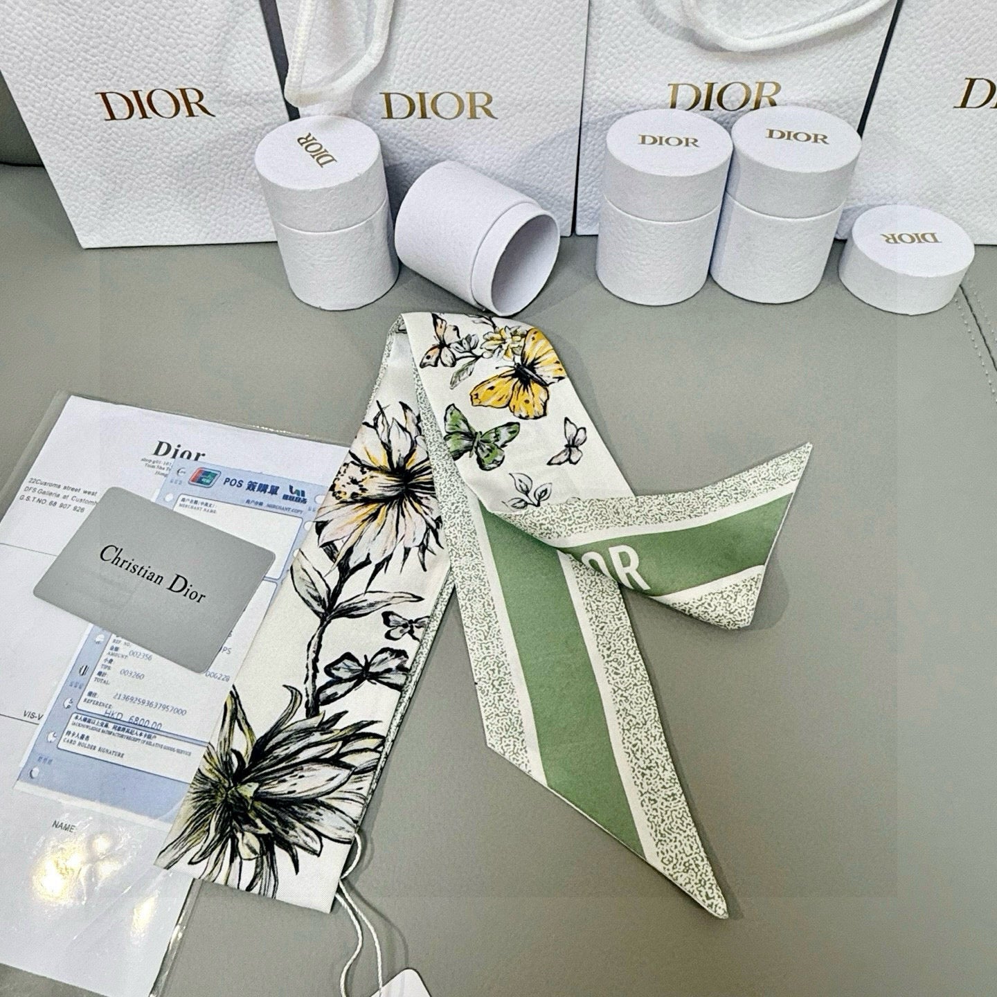 CD Twilly Mini Scarf 105cm Green Black Mulberry Silk 935251