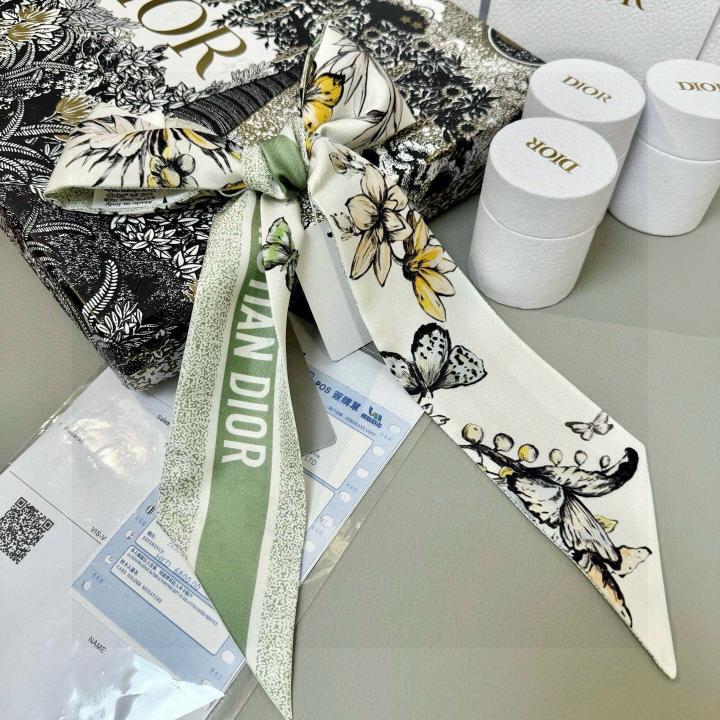 CD Twilly Mini Scarf 105cm Green Black Mulberry Silk 935251