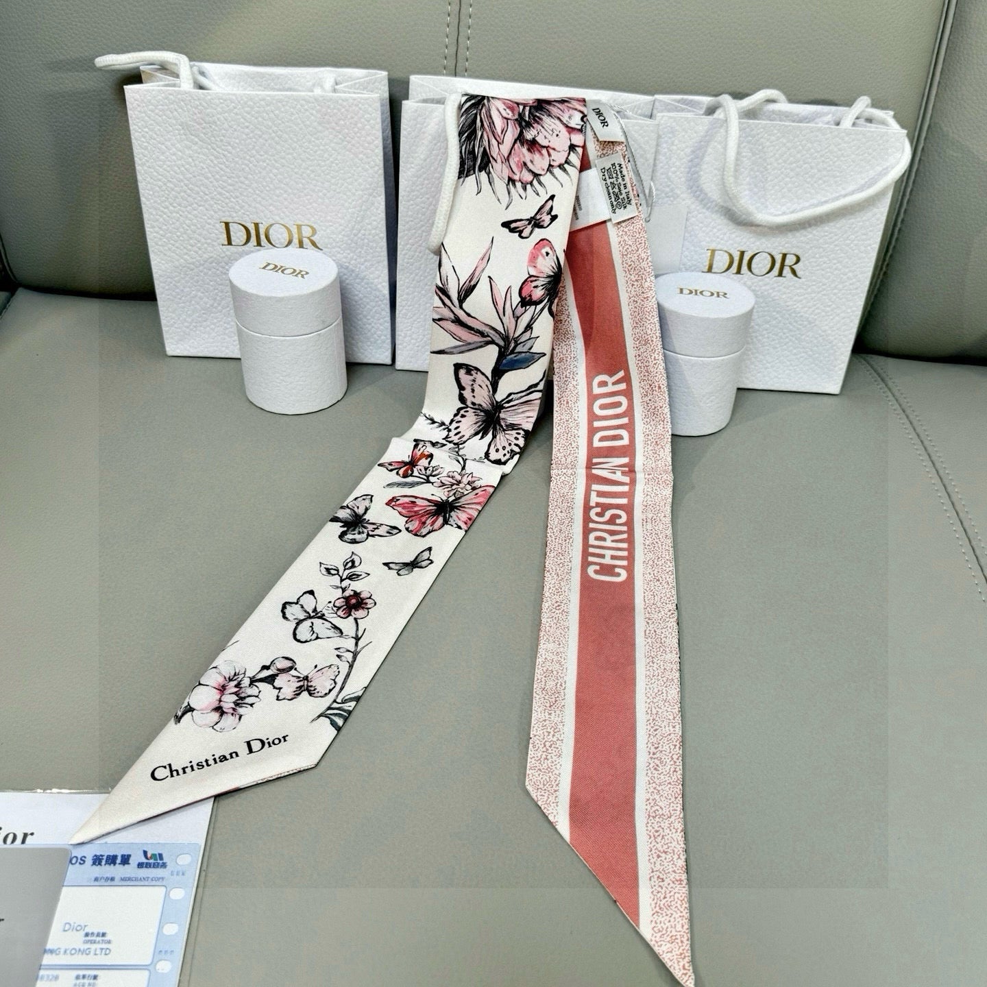 CD Twilly Mini Scarf 105cm Pink Black White Mulberry Silk 935252