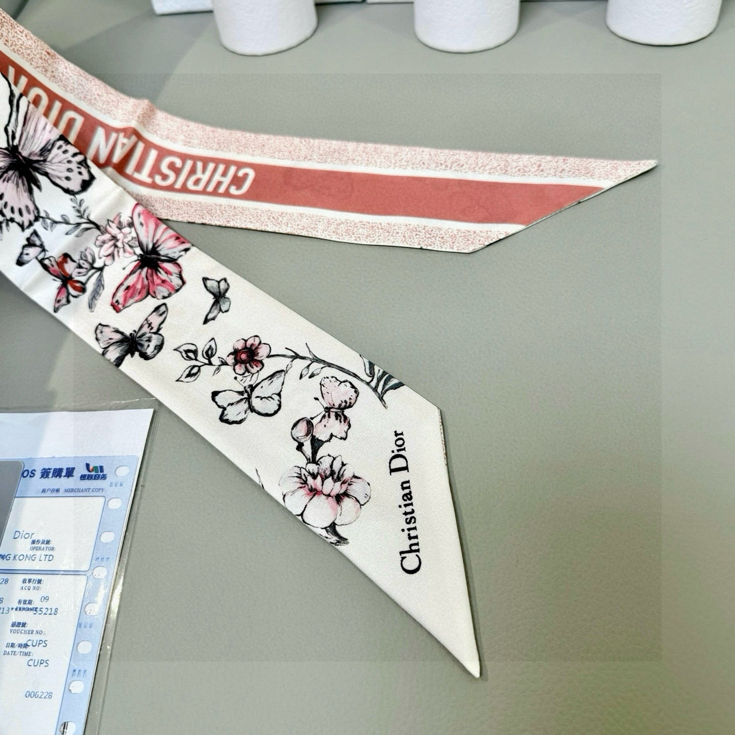 CD Twilly Mini Scarf 105cm Pink Black White Mulberry Silk 935252