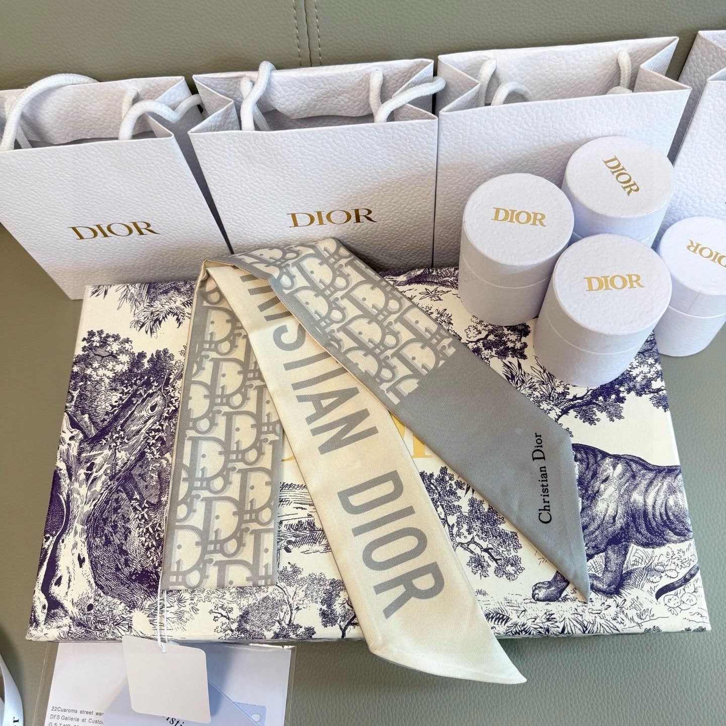 CD Twilly Mini Scarf 105cm Light Gray Mulberry Silk 953239