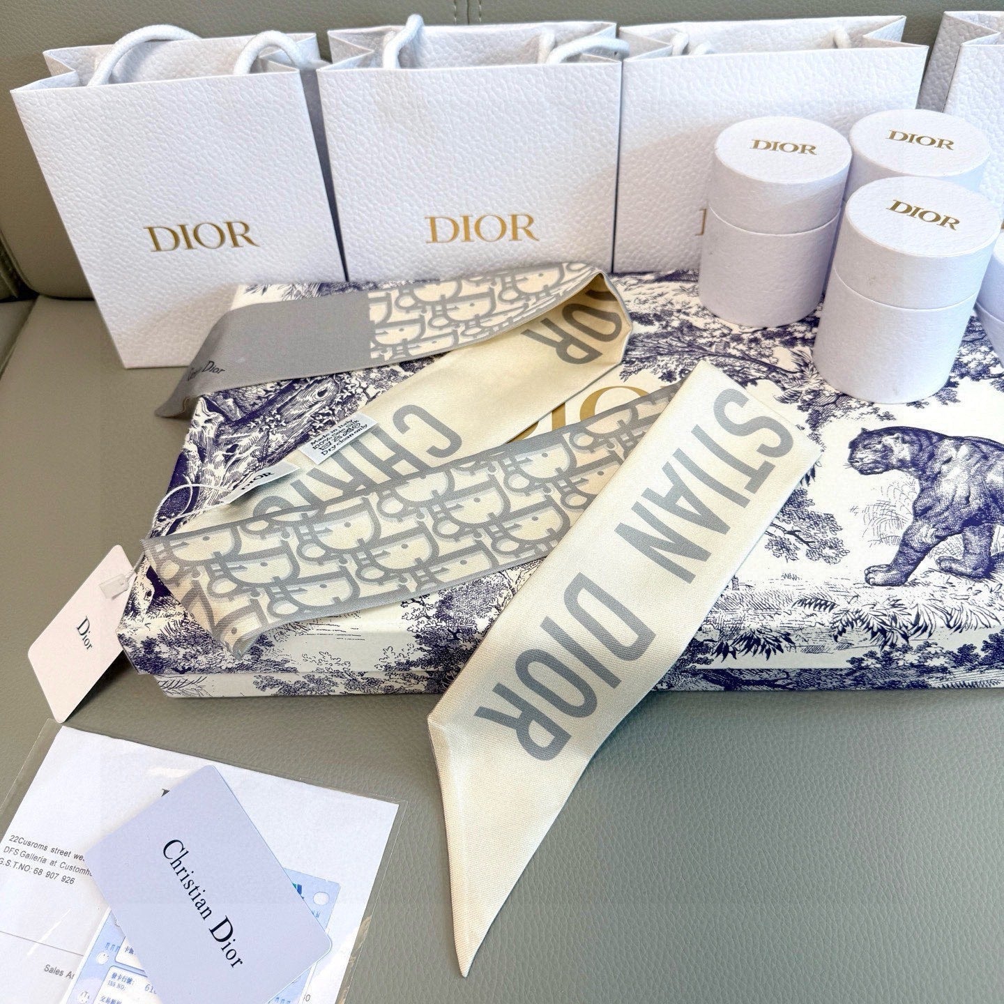 CD Twilly Mini Scarf 105cm Light Gray Mulberry Silk 953239