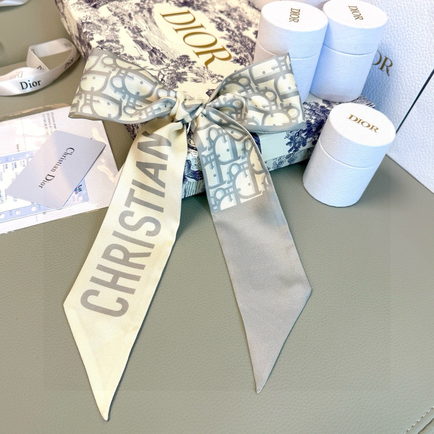 CD Twilly Mini Scarf 105cm Light Gray Mulberry Silk 953239