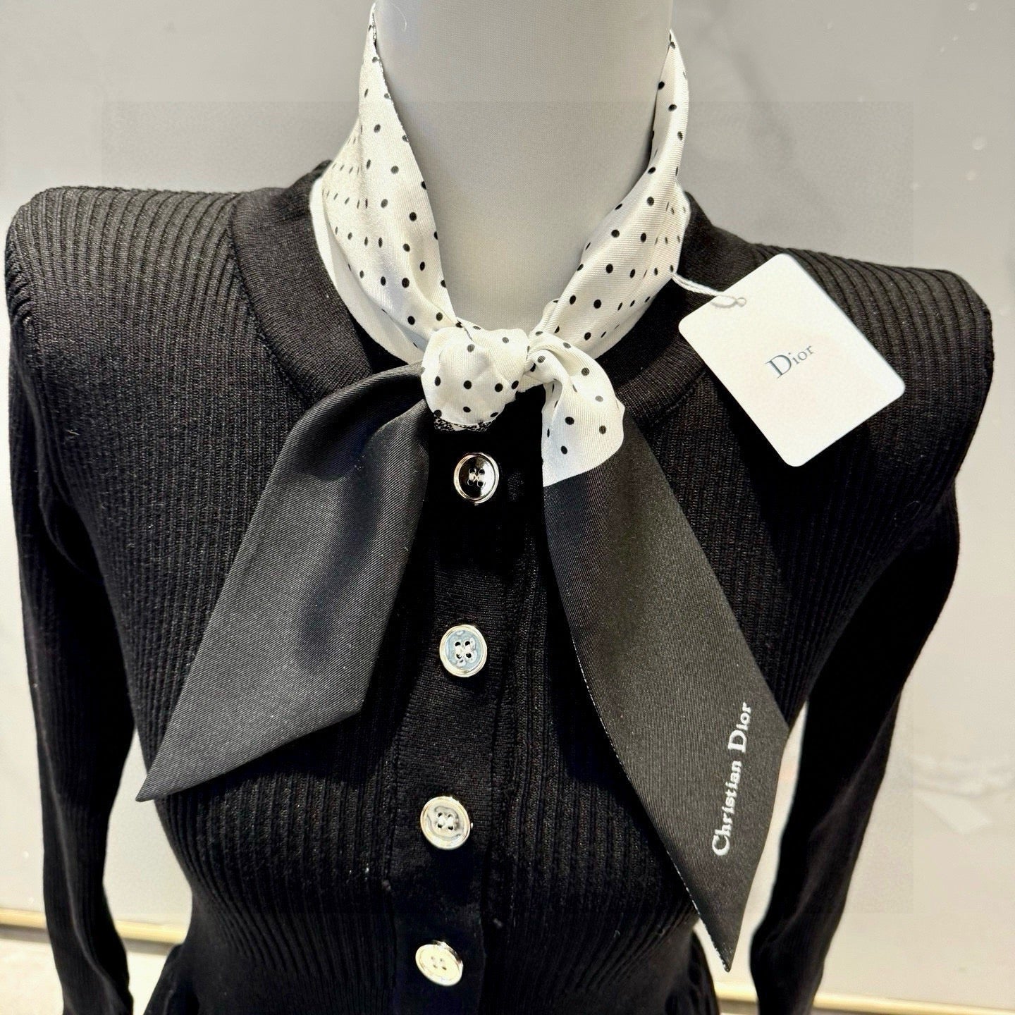 CD Twilly Mini Scarf 105cm Black White Mulberry Silk 957050