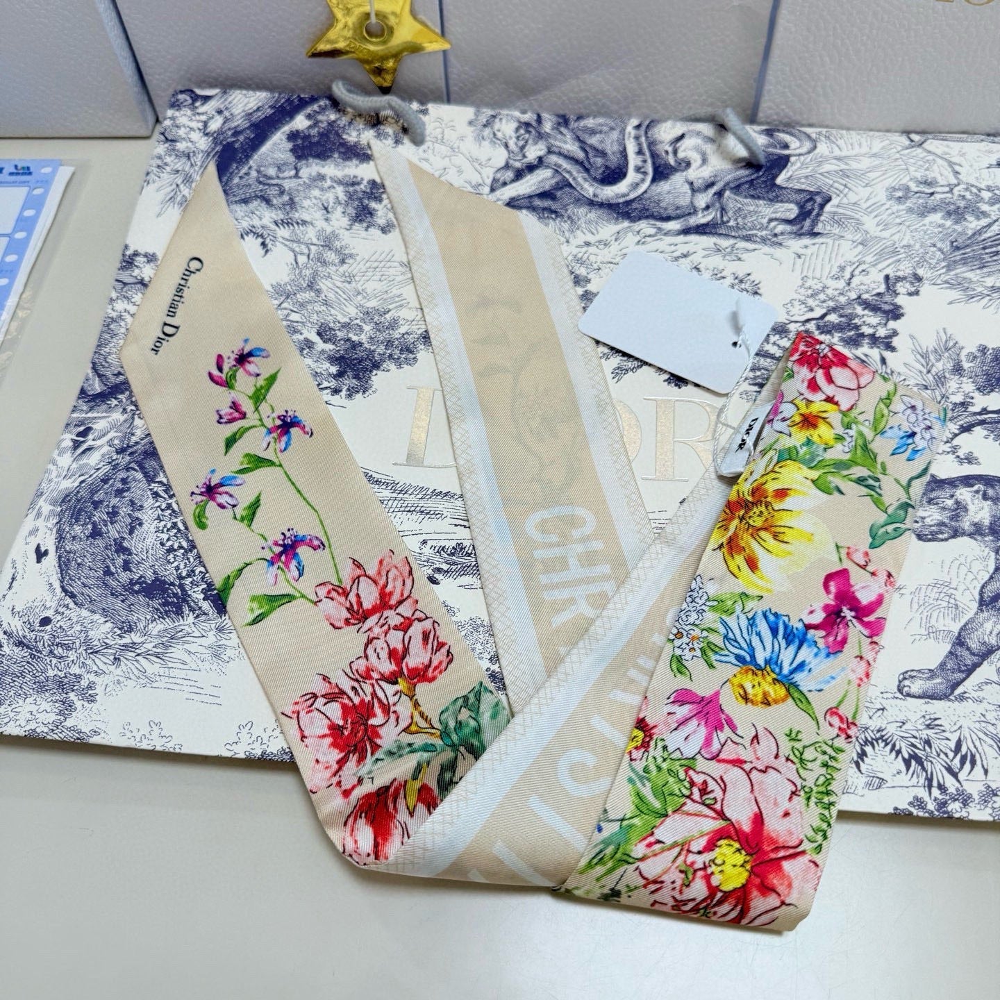 CD Twilly Mini Scarf 100cm Beige Colorful Mulberry Silk 958857