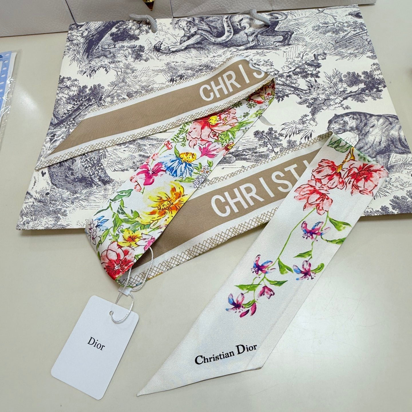 CD Twilly Mini Scarf 100cm Beige Colorful Mulberry Silk 958858