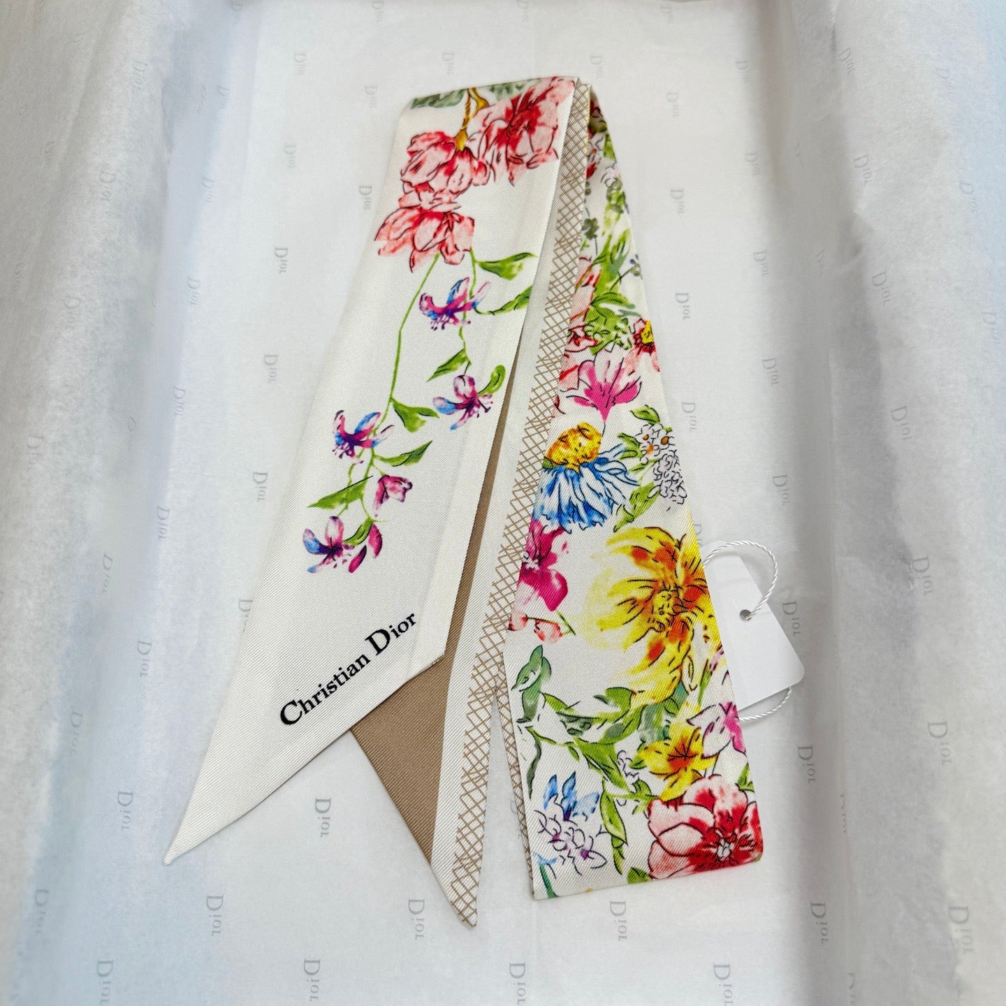 CD Twilly Mini Scarf 100cm Beige Colorful Mulberry Silk 958858