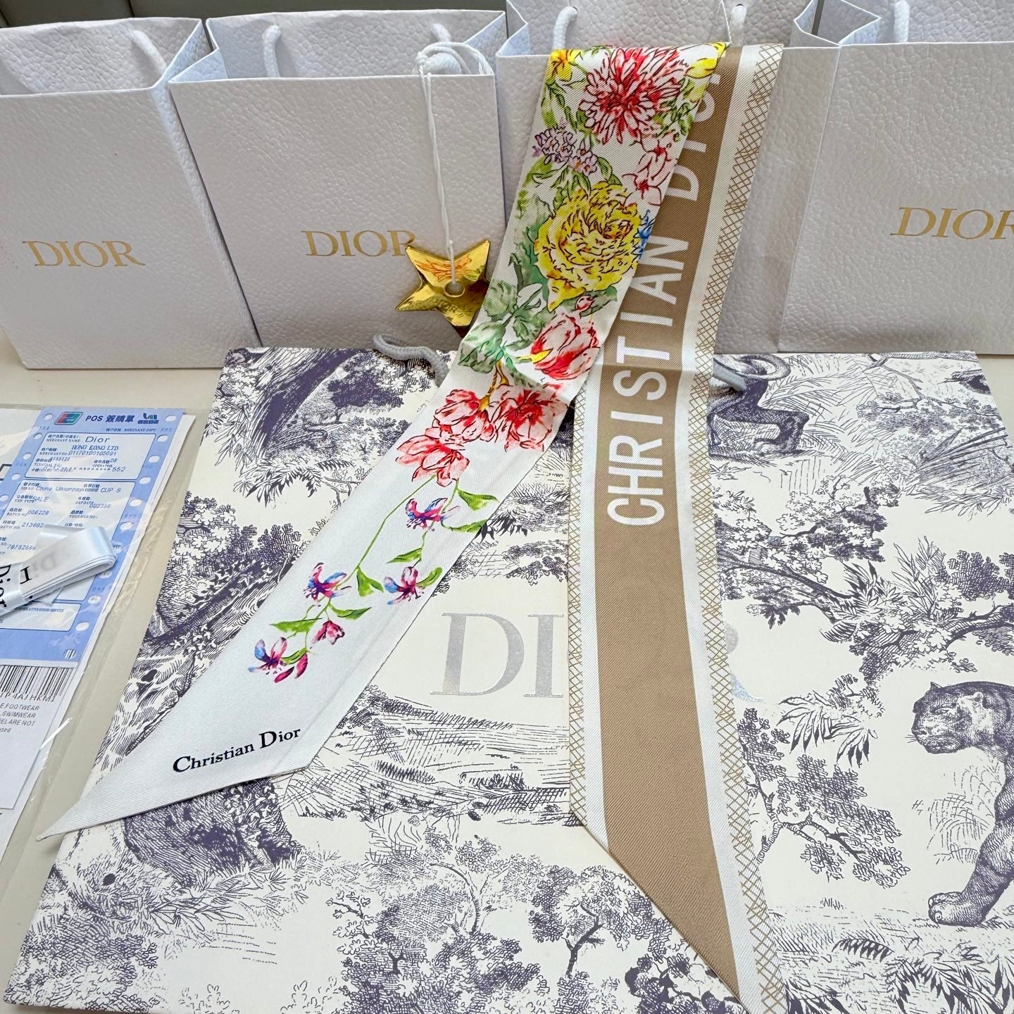 CD Twilly Mini Scarf 100cm Beige Colorful Mulberry Silk 958858