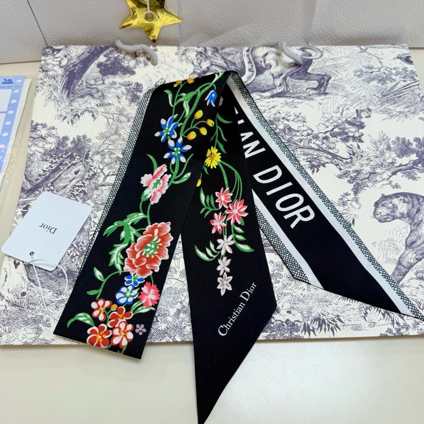 CD Twilly Mini Scarf 100cm Black Colorful Mulberry Silk 958859