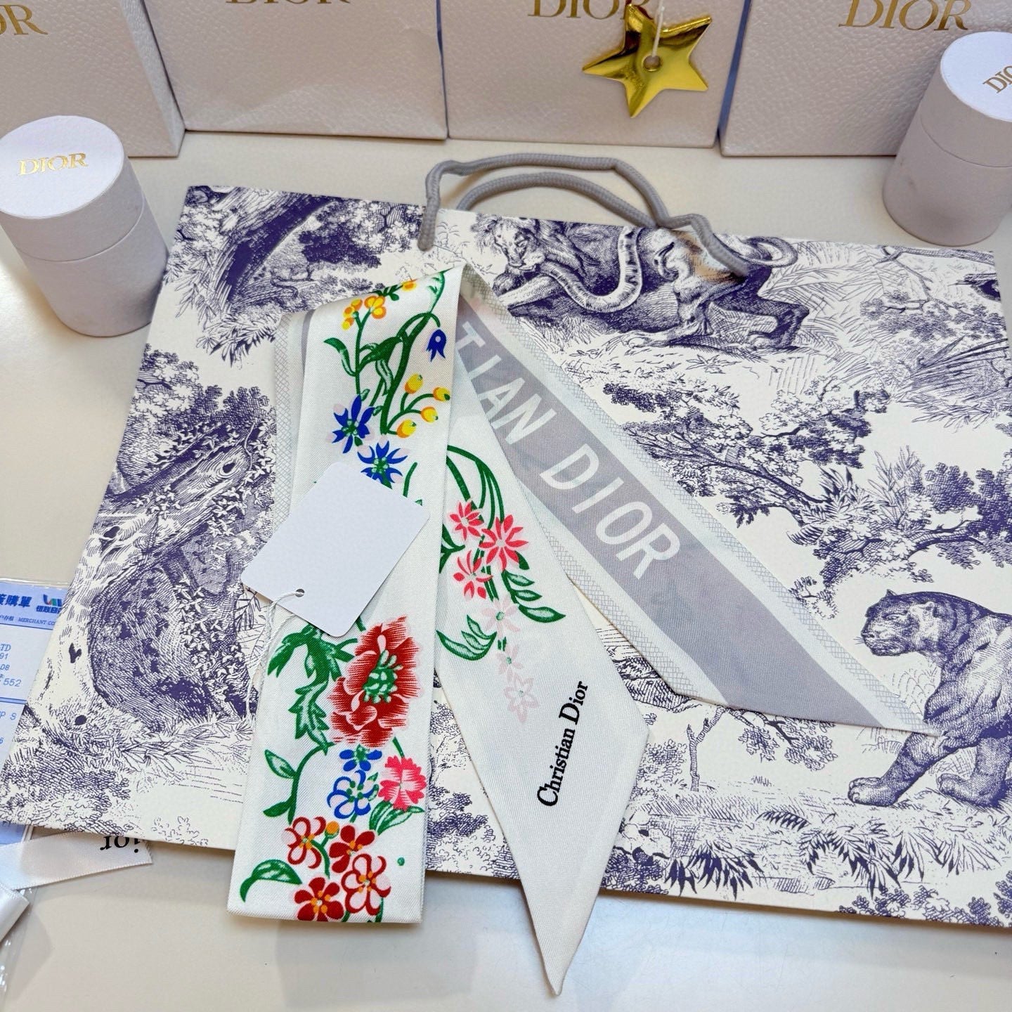 CD Twilly Mini Scarf 100cm White Colorful Mulberry Silk 958860