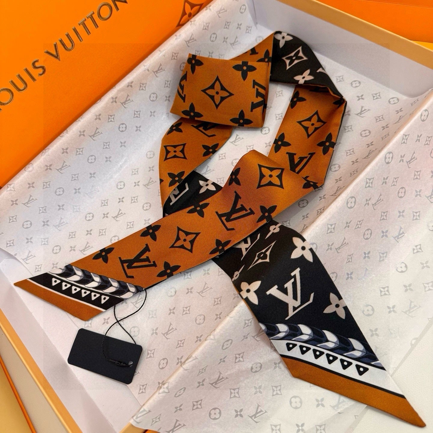 LV  Twilly Mini Scarf 120 Black Brown Silk Twill 967458