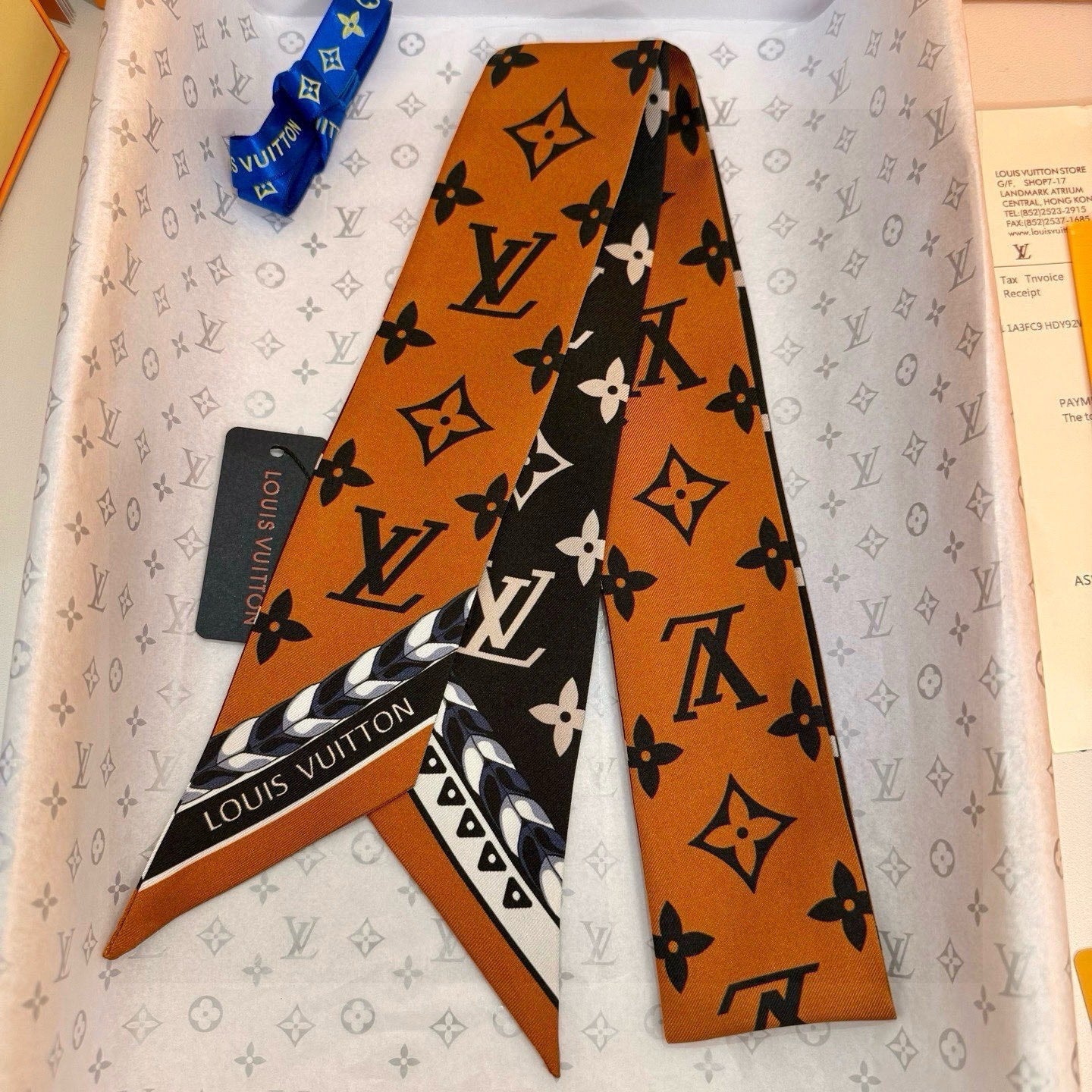 LV  Twilly Mini Scarf 120 Black Brown Silk Twill 967458