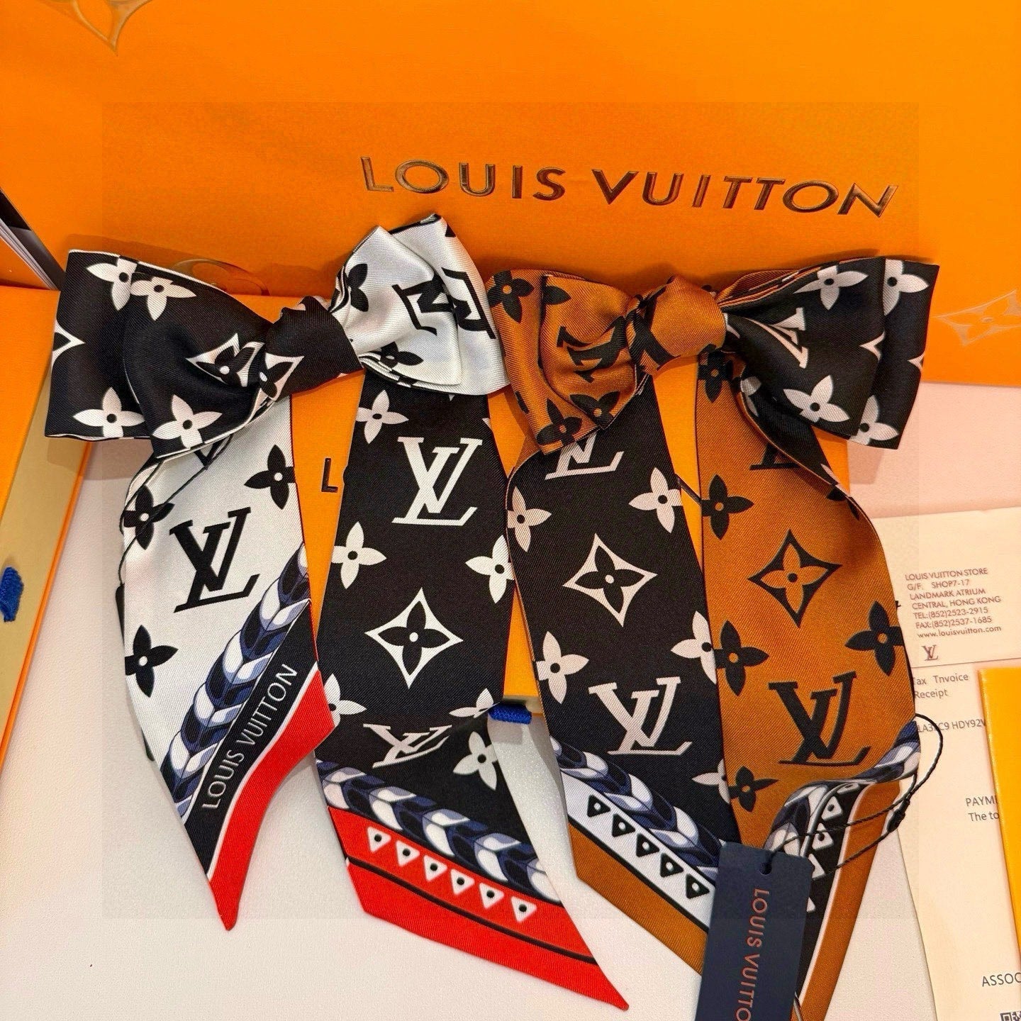 LV  Twilly Mini Scarf 120 Black Brown Silk Twill 967458