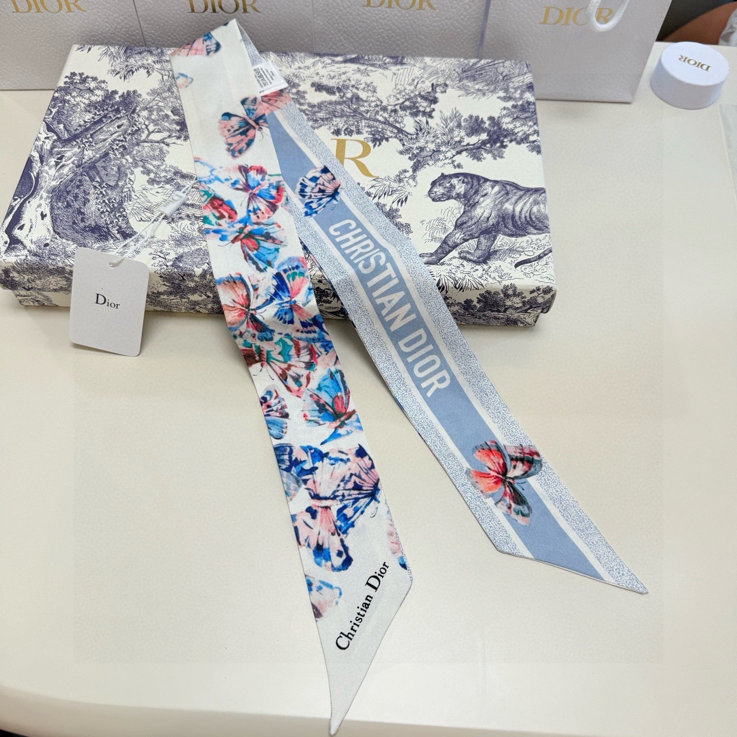 CD Twilly Mini Scarf 105cm Butterfly Light Blue Mulberry Silk 976489