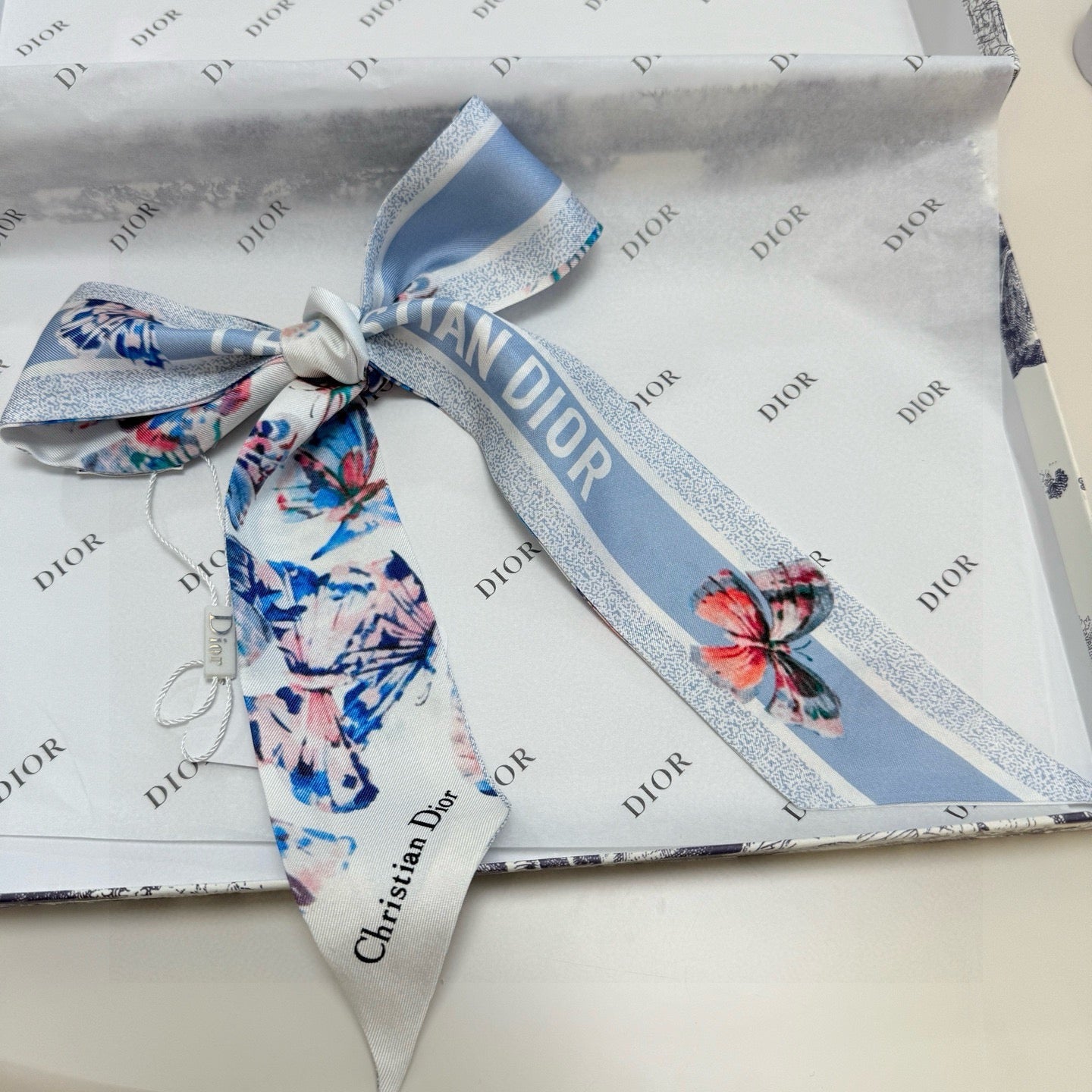 CD Twilly Mini Scarf 105cm Butterfly Light Blue Mulberry Silk 976489