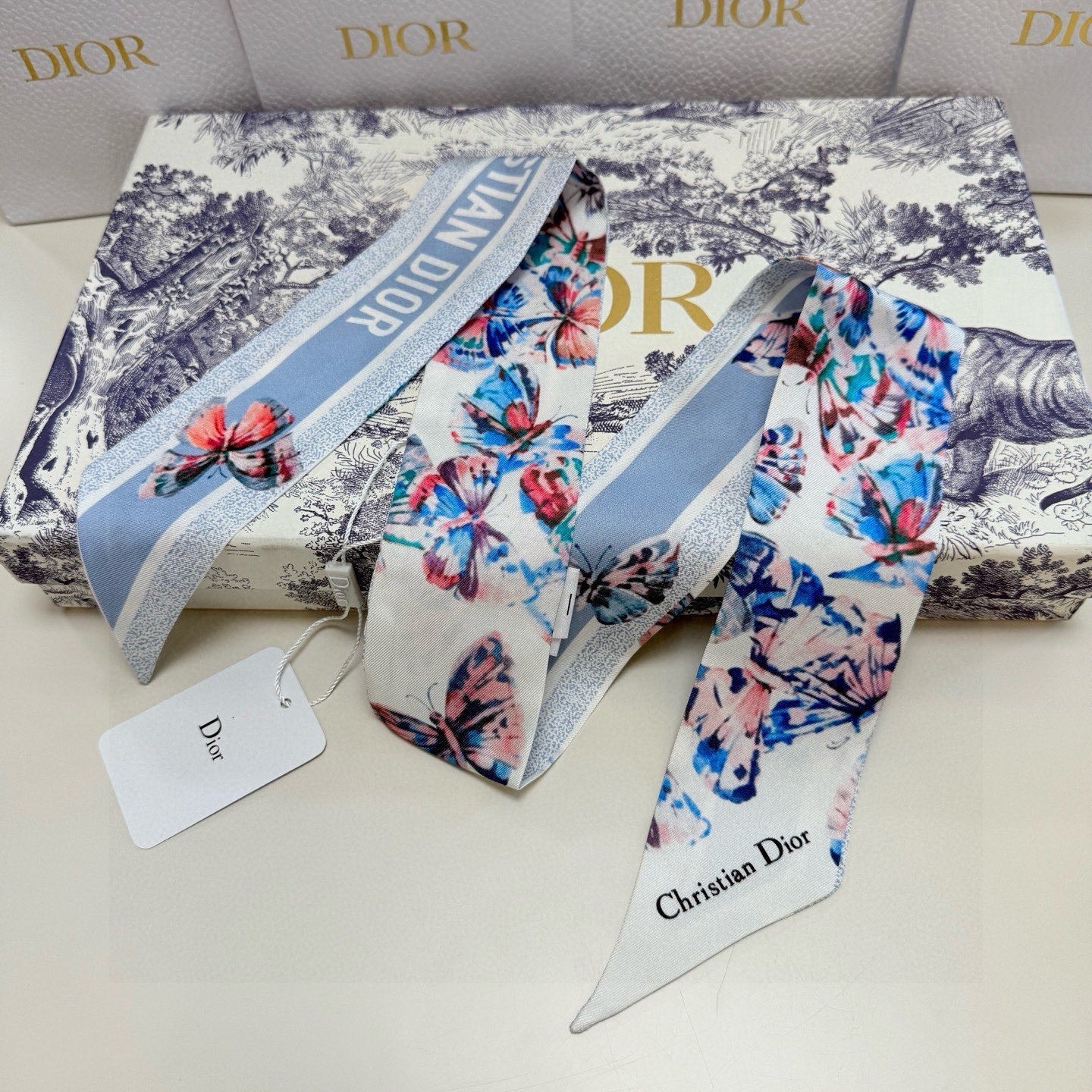 CD Twilly Mini Scarf 105cm Butterfly Light Blue Mulberry Silk 976489