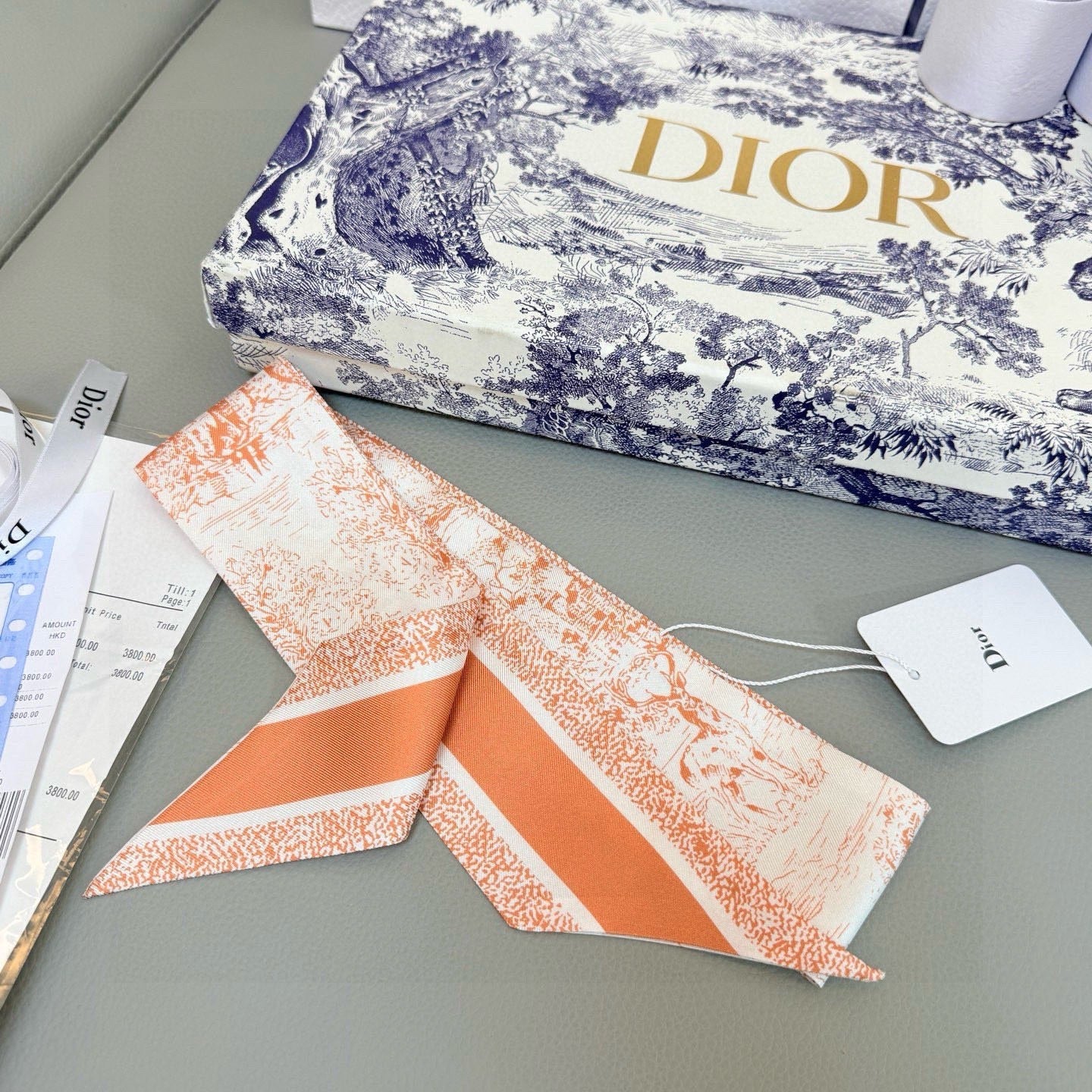 CD Twilly Mini Scarf 105cm Orange White Mulberry Silk 976490