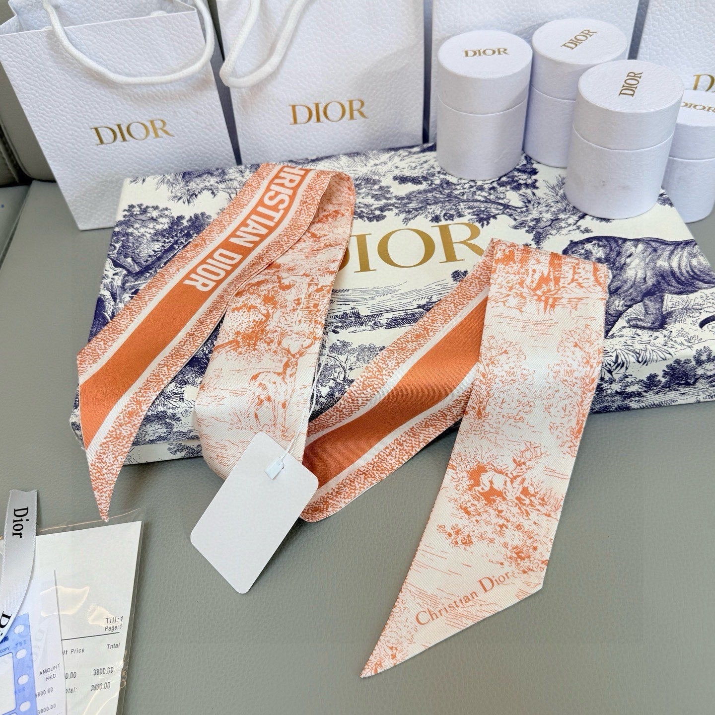 CD Twilly Mini Scarf 105cm Orange White Mulberry Silk 976490