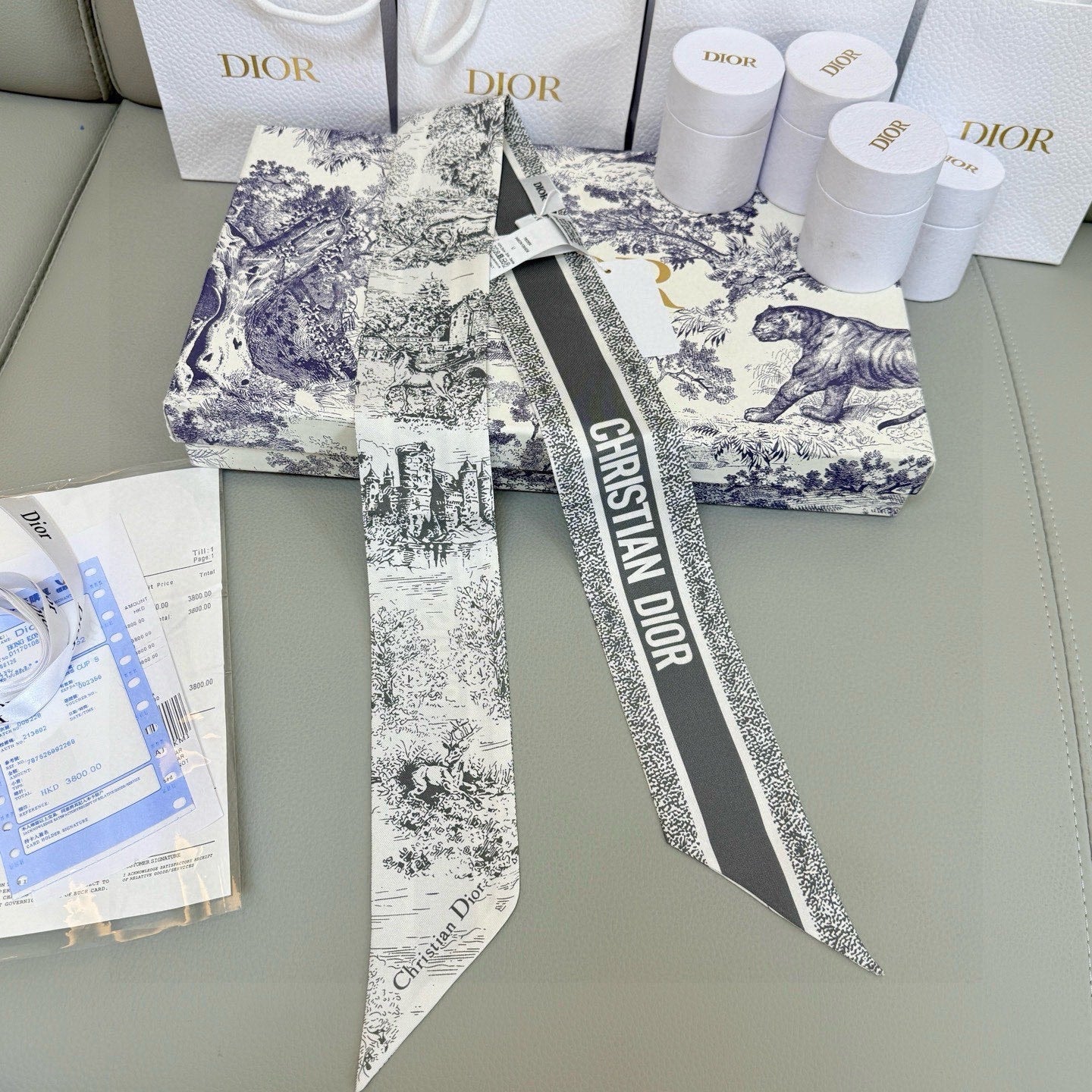 CD Twilly Mini Scarf 105cm Black White Mulberry Silk 976492