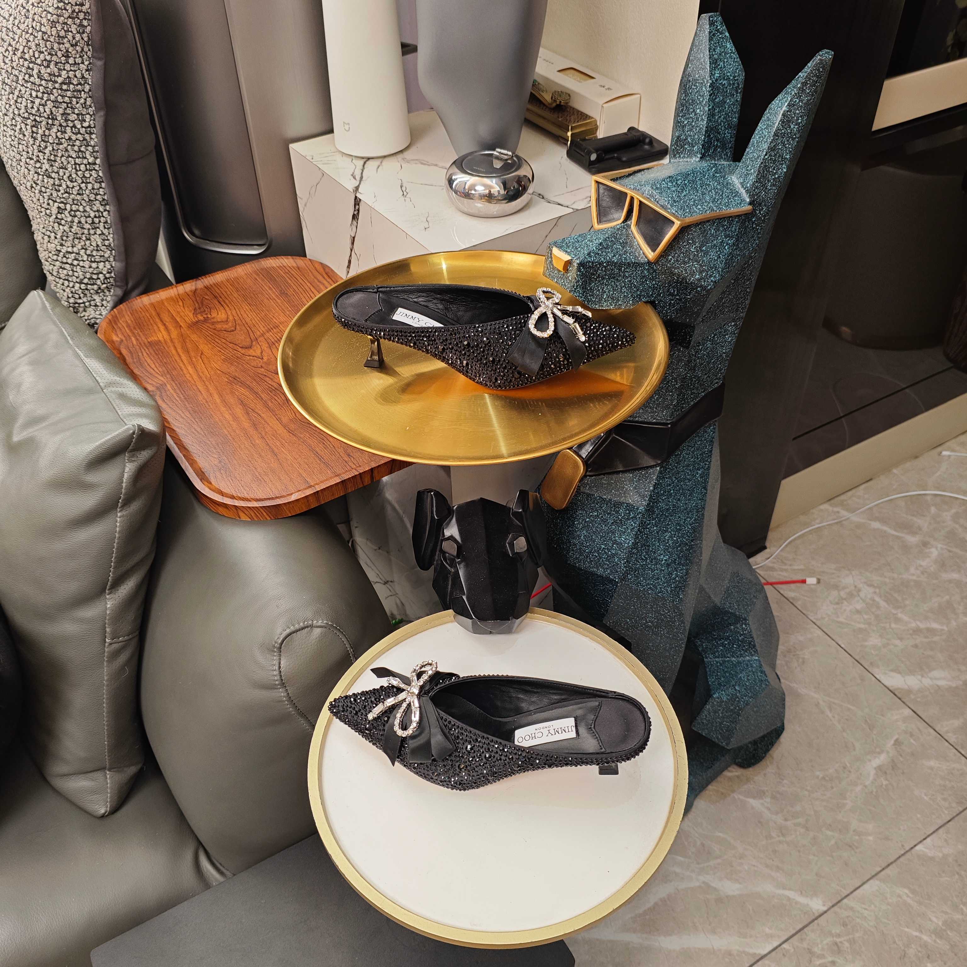 Jimmy 26s Crystal Slipper 45 Black Silk Satin Cowhide 596339