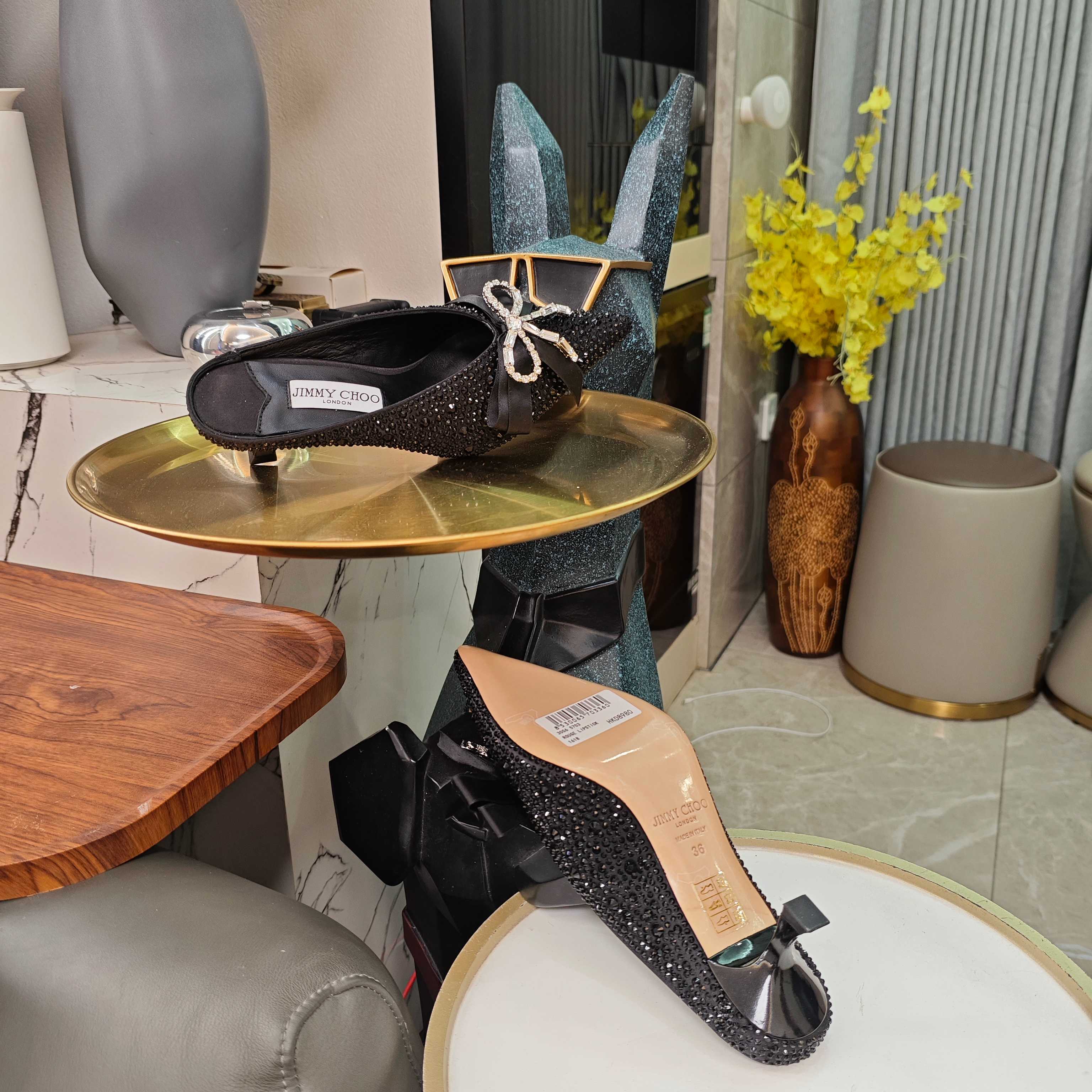 Jimmy 26s Crystal Slipper 45 Black Silk Satin Cowhide 596339