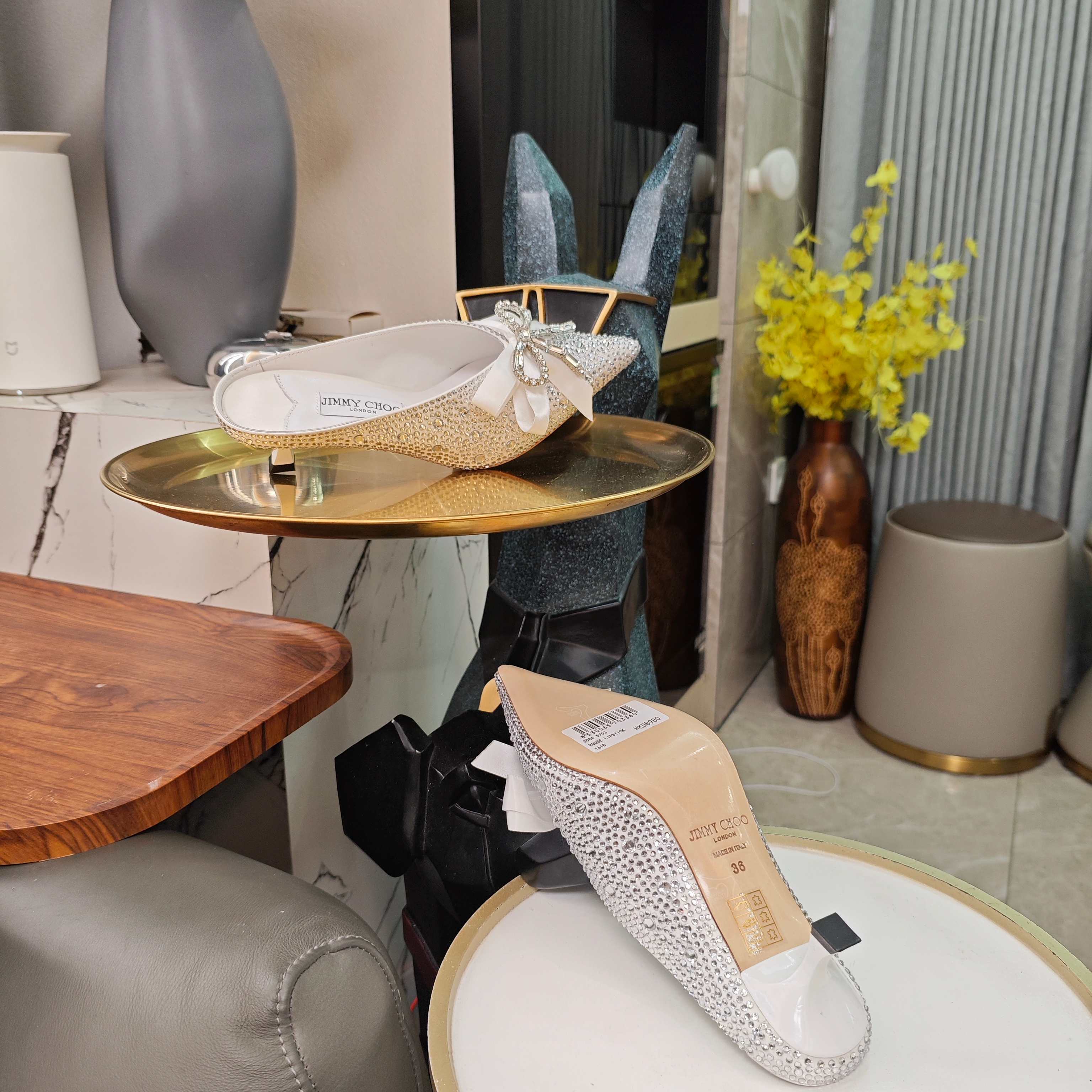 Jimmy 26s Crystal Slipper 45 Sliver Silk Satin Cowhide 596340