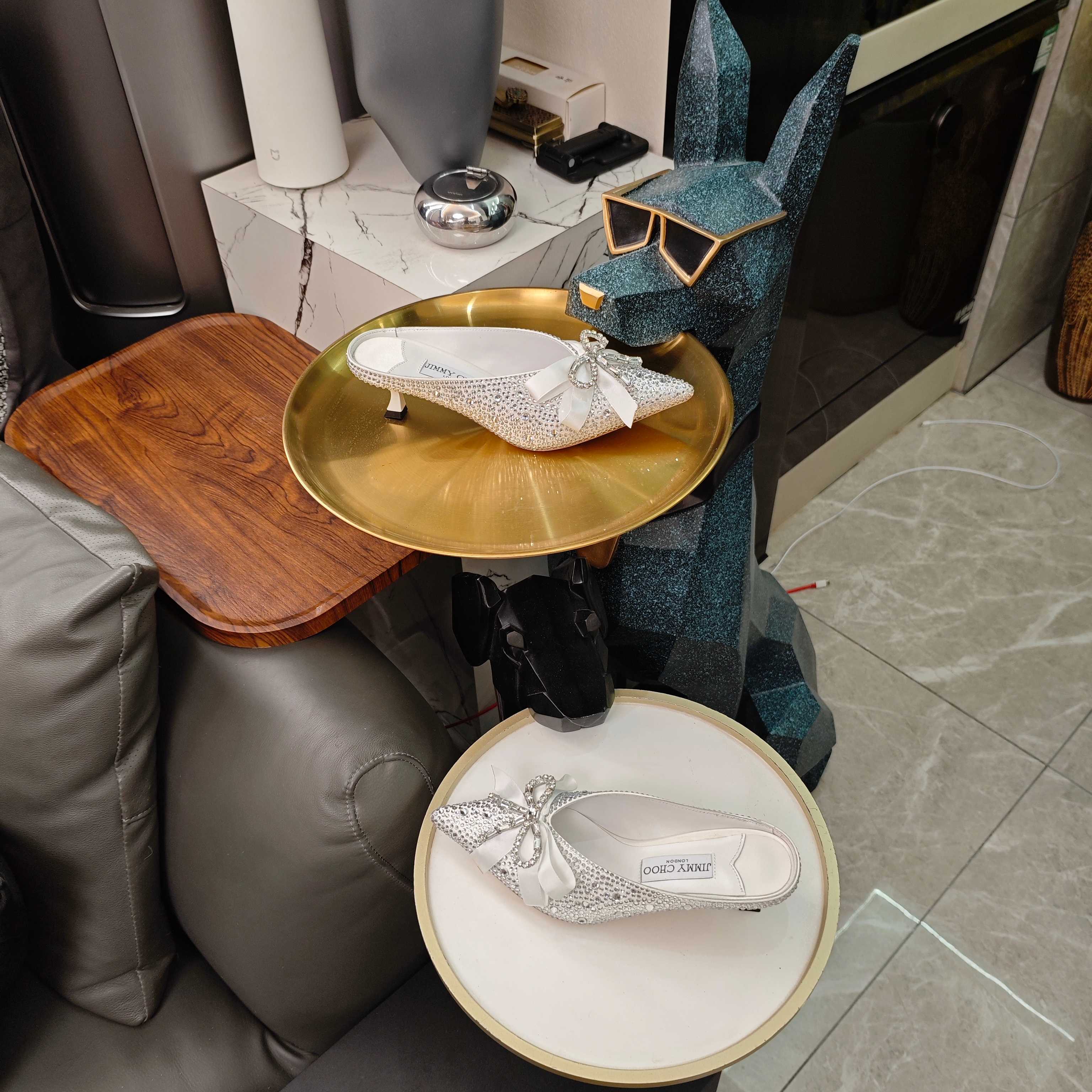 Jimmy 26s Crystal Slipper 45 Sliver Silk Satin Cowhide 596340