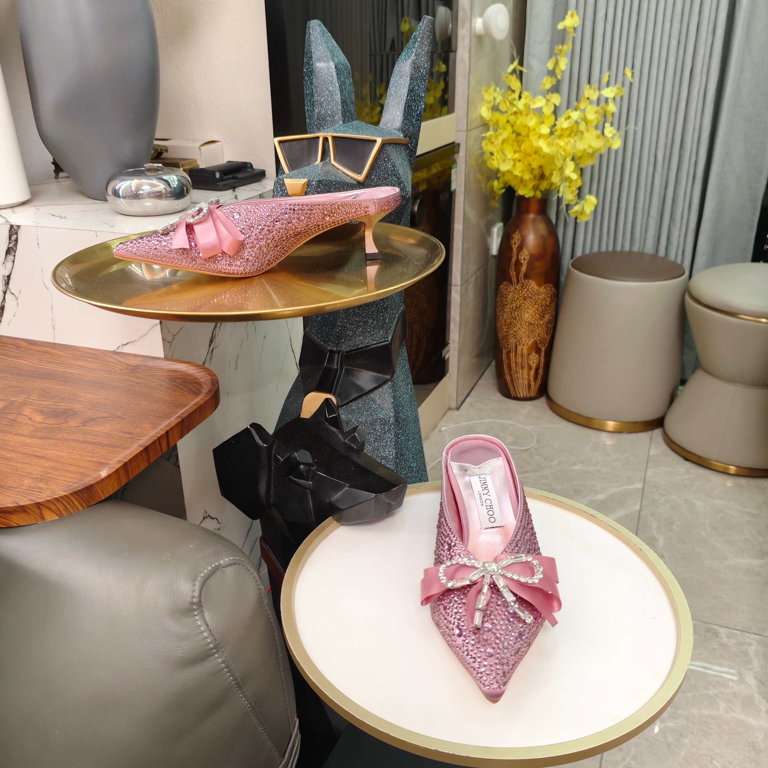 Jimmy 26s Crystal Slipper 45 Pink Silk Satin Cowhide 596341