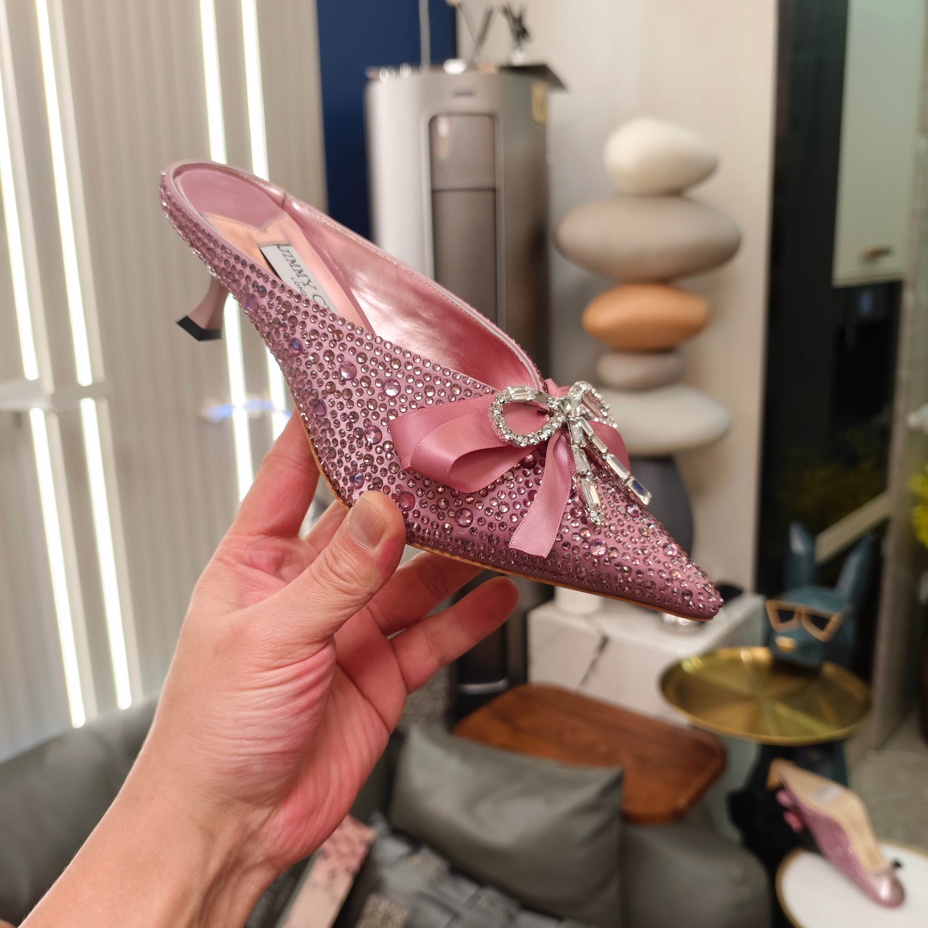 Jimmy 26s Crystal Slipper 45 Pink Silk Satin Cowhide 596341
