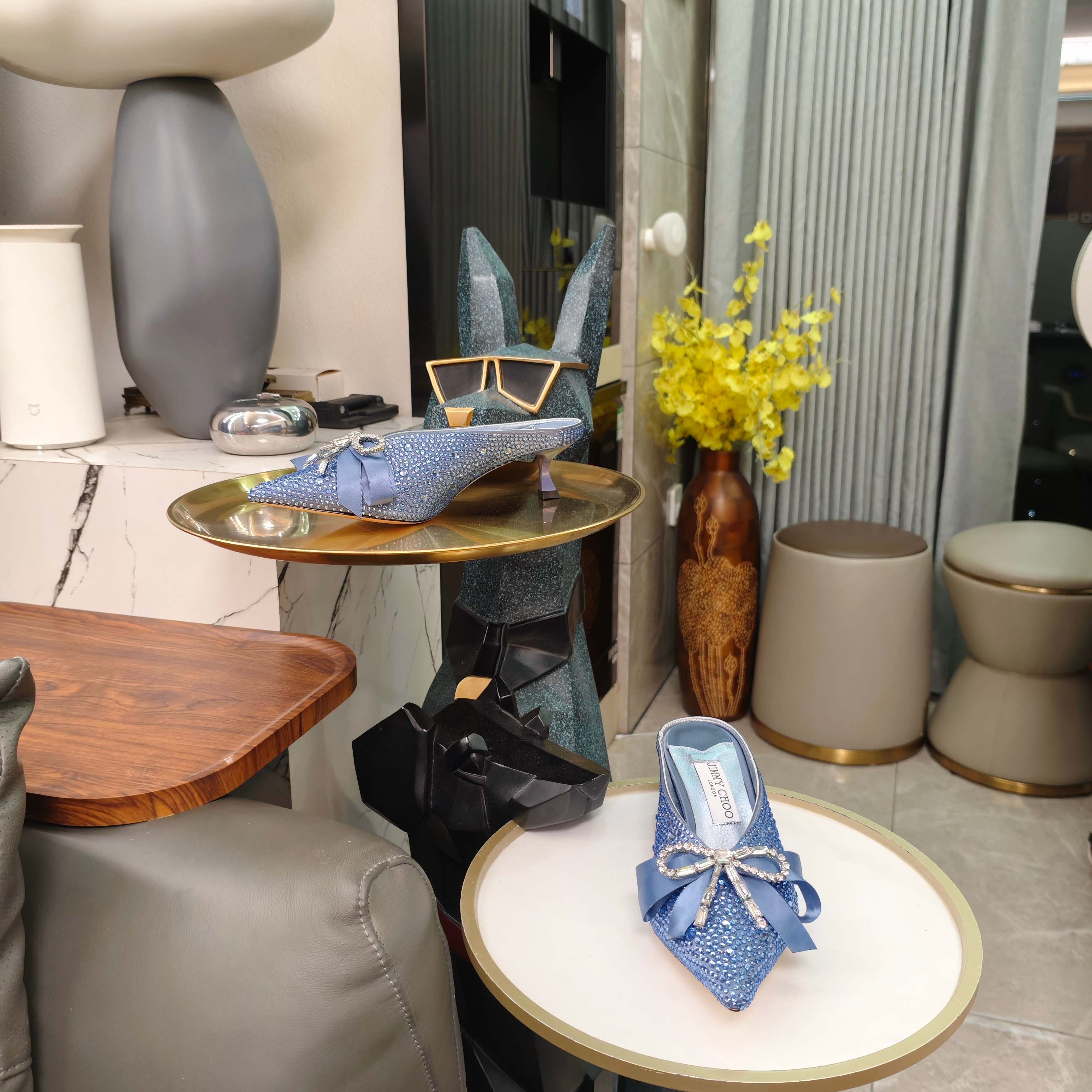 Jimmy 26s Crystal Slipper 45 Blue Silk Satin Cowhide 596342