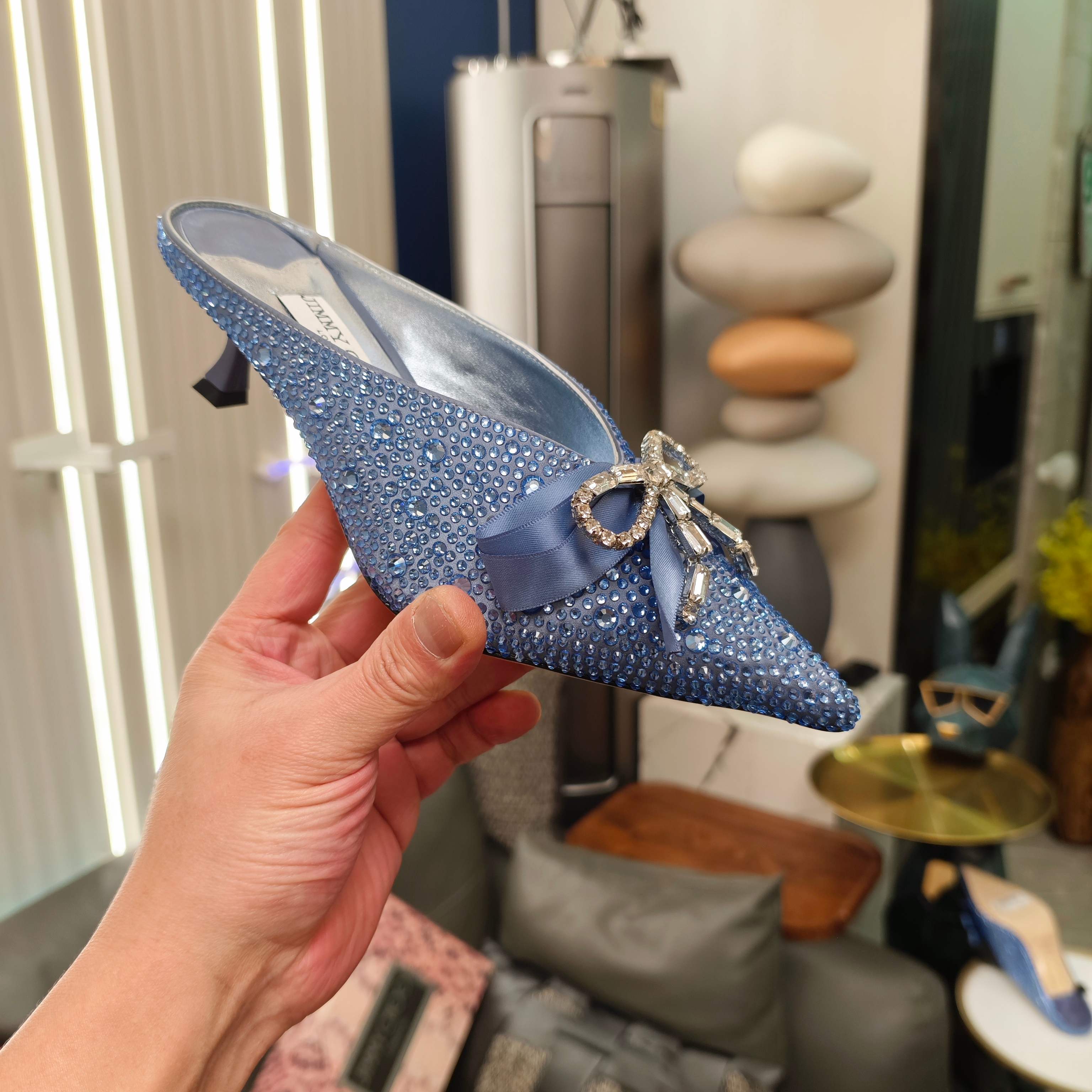 Jimmy 26s Crystal Slipper 45 Blue Silk Satin Cowhide 596342