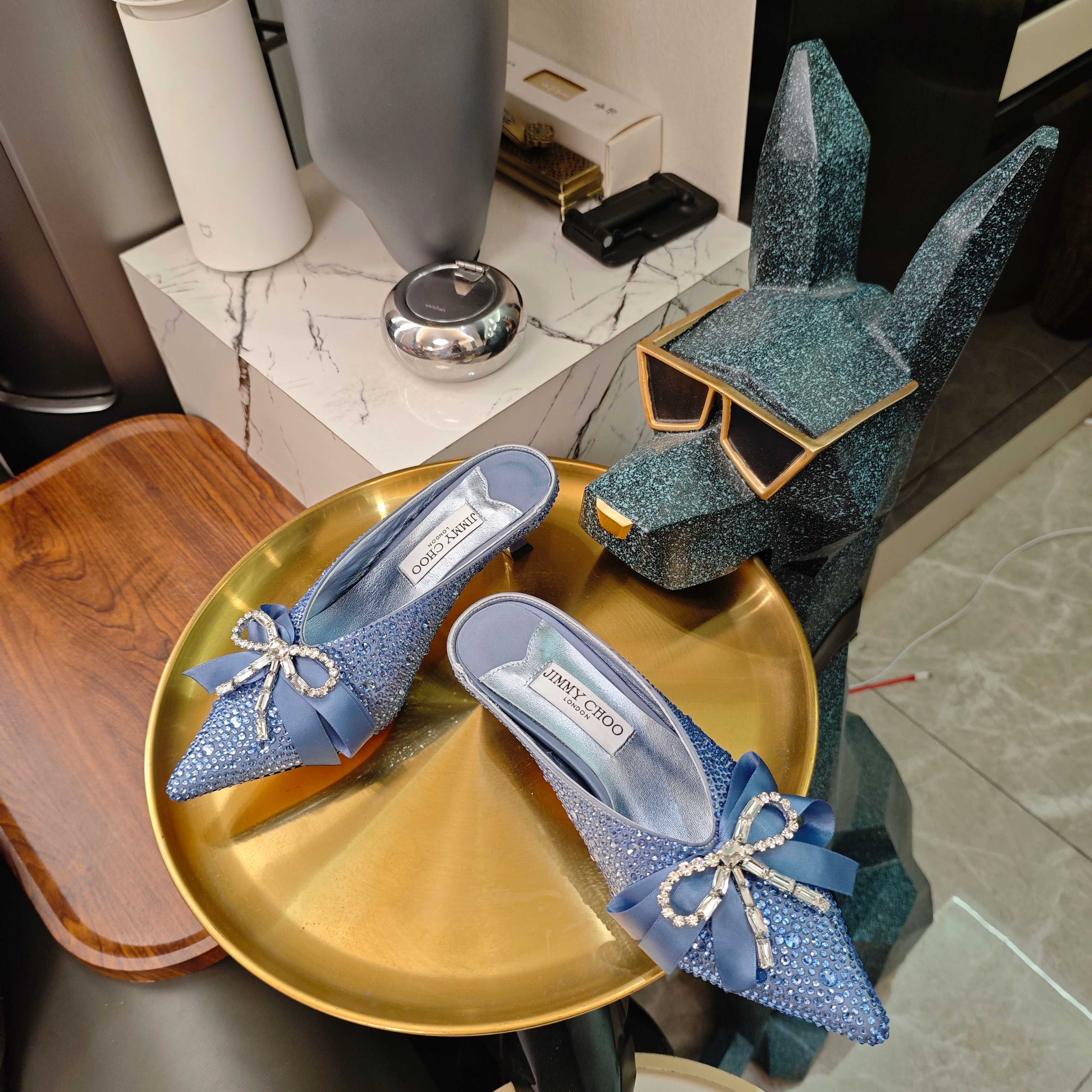 Jimmy 26s Crystal Slipper 45 Blue Silk Satin Cowhide 596342
