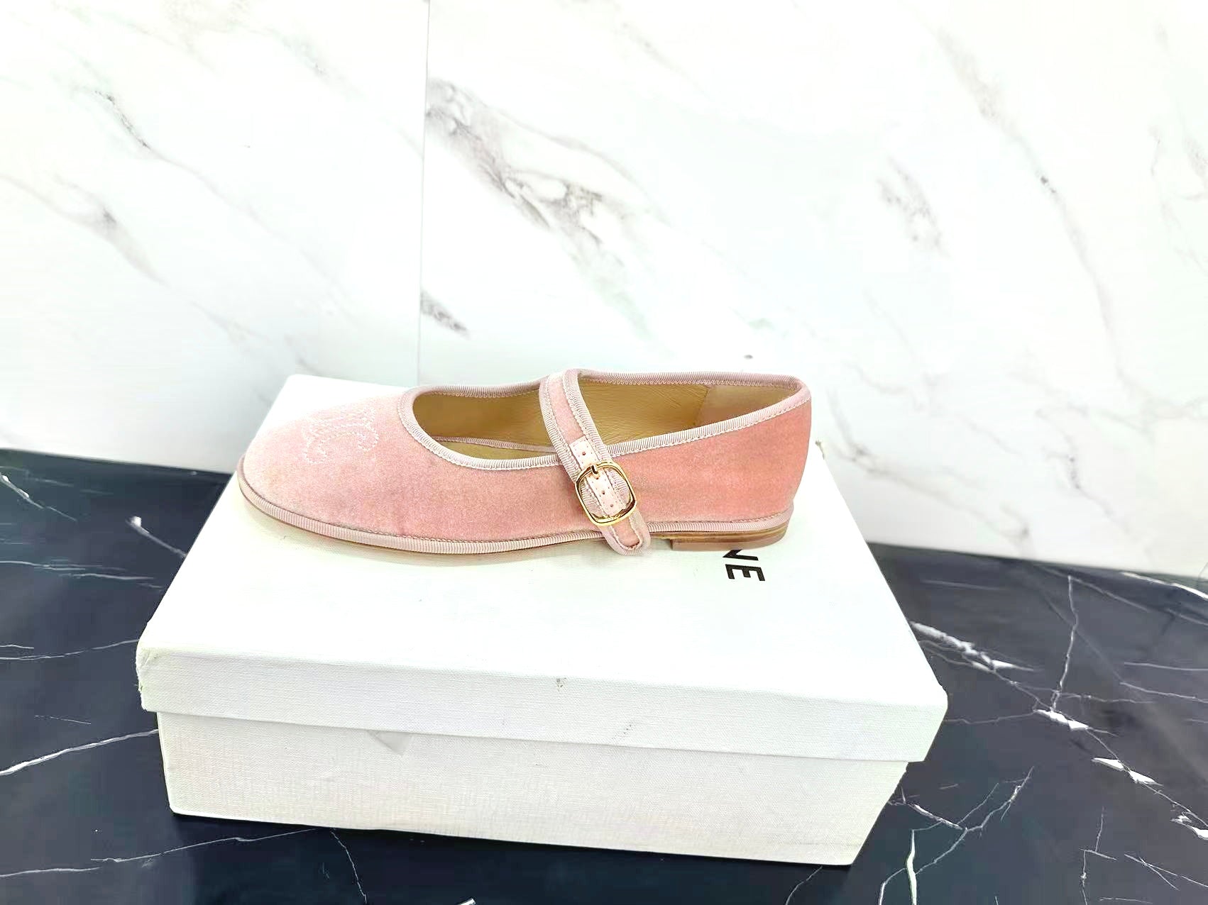 Celine 25 Eve Triomphe Ballet Flat Pink Velvet 547724